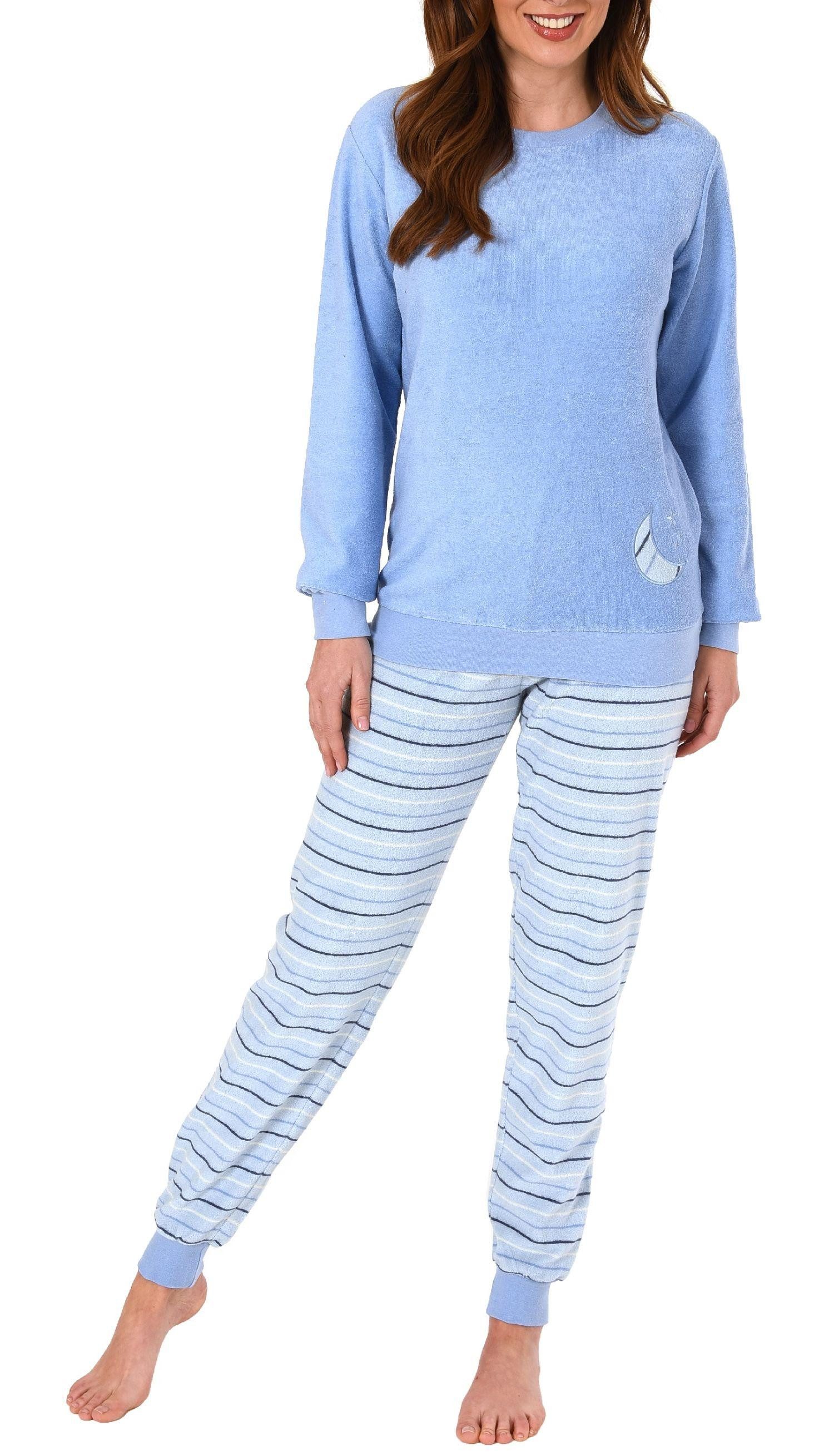 Normann Pyjama Damen Frottee Pyjama mit Bündchen und Mond und Sterne Applikation
