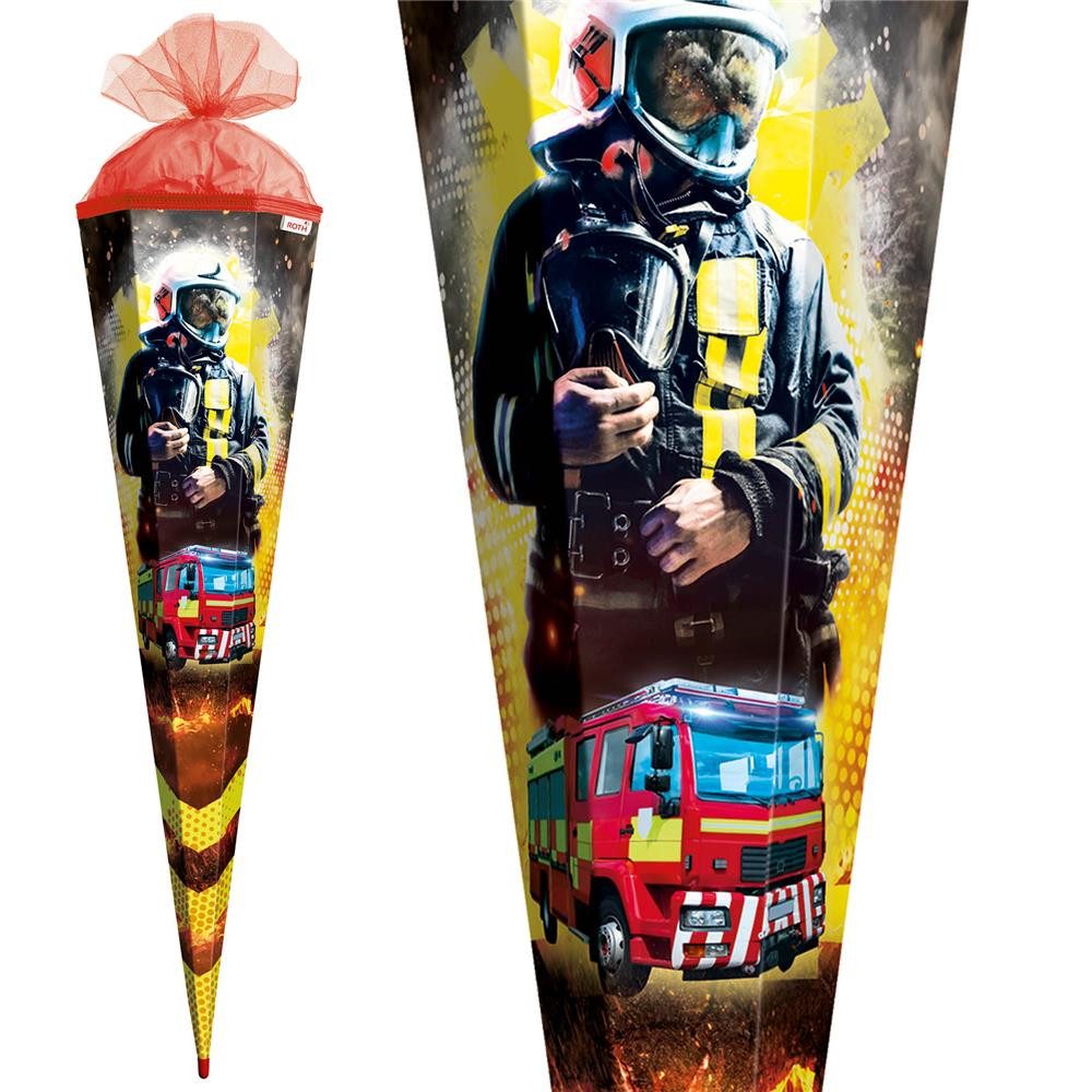 Roth Schultüte Feuerwehrmann, 85cm, eckig, mit Rot(h)-Spitze und rotem Tüllverschluss, Feuerwehrmotiv, roter Tüll, ROT(H)-Spitze, eckige Form, Schulstart