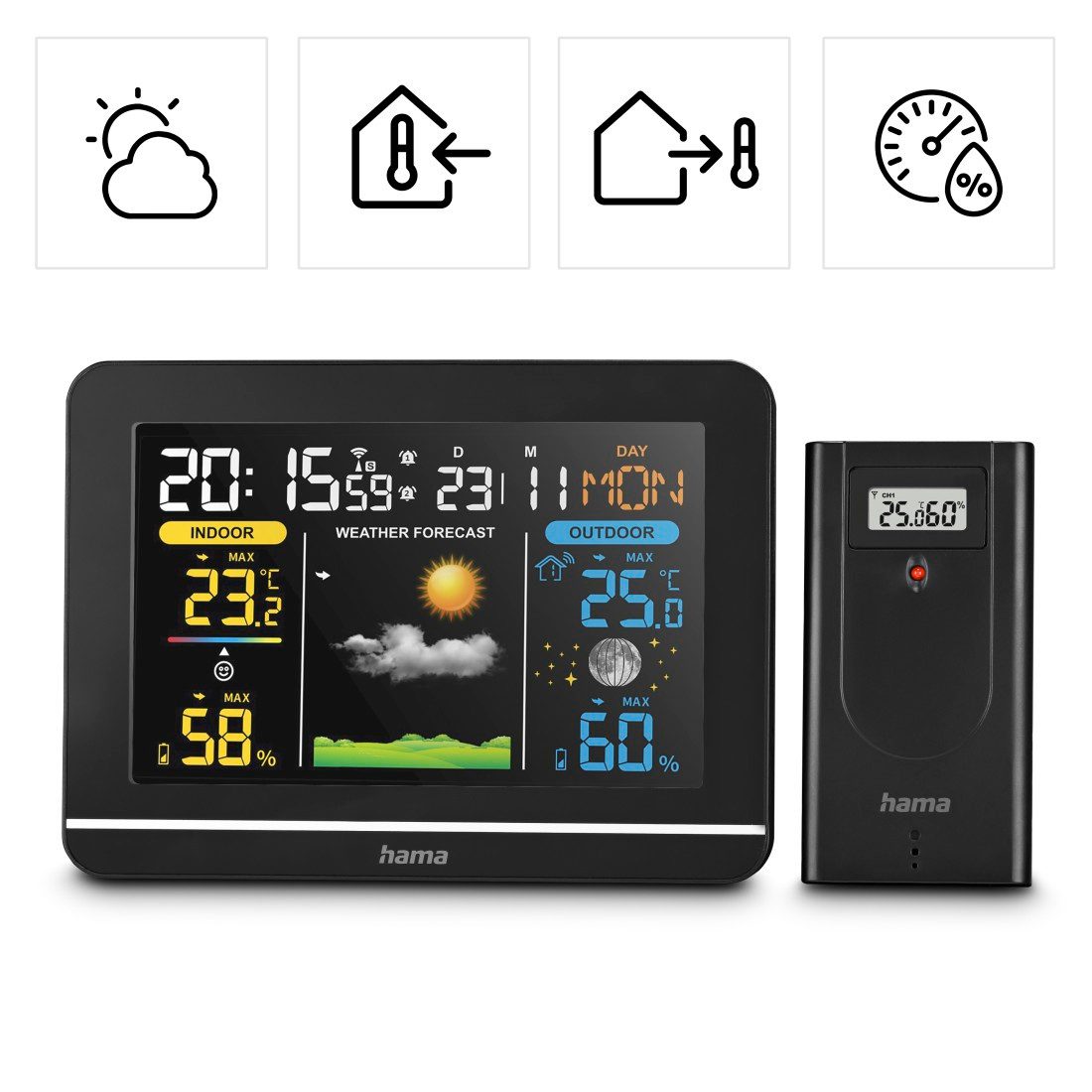 Hama Wetterstation mit Farbdisplay, Außensensor, Wetter, Alarm, Temparatur Wetterstation (Weckerfunktion, Schlummerfunktion, Mondphasenanzeige)
