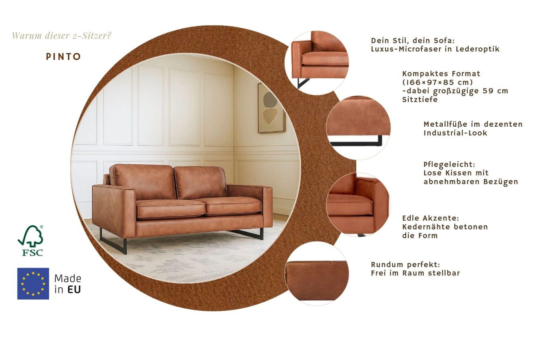 Home affaire 2-Sitzer Pinto, 166 cm, Cord, Chenille, Lederoptik, mit Keder, schwarze Metallfüße, Wellenunterfederung