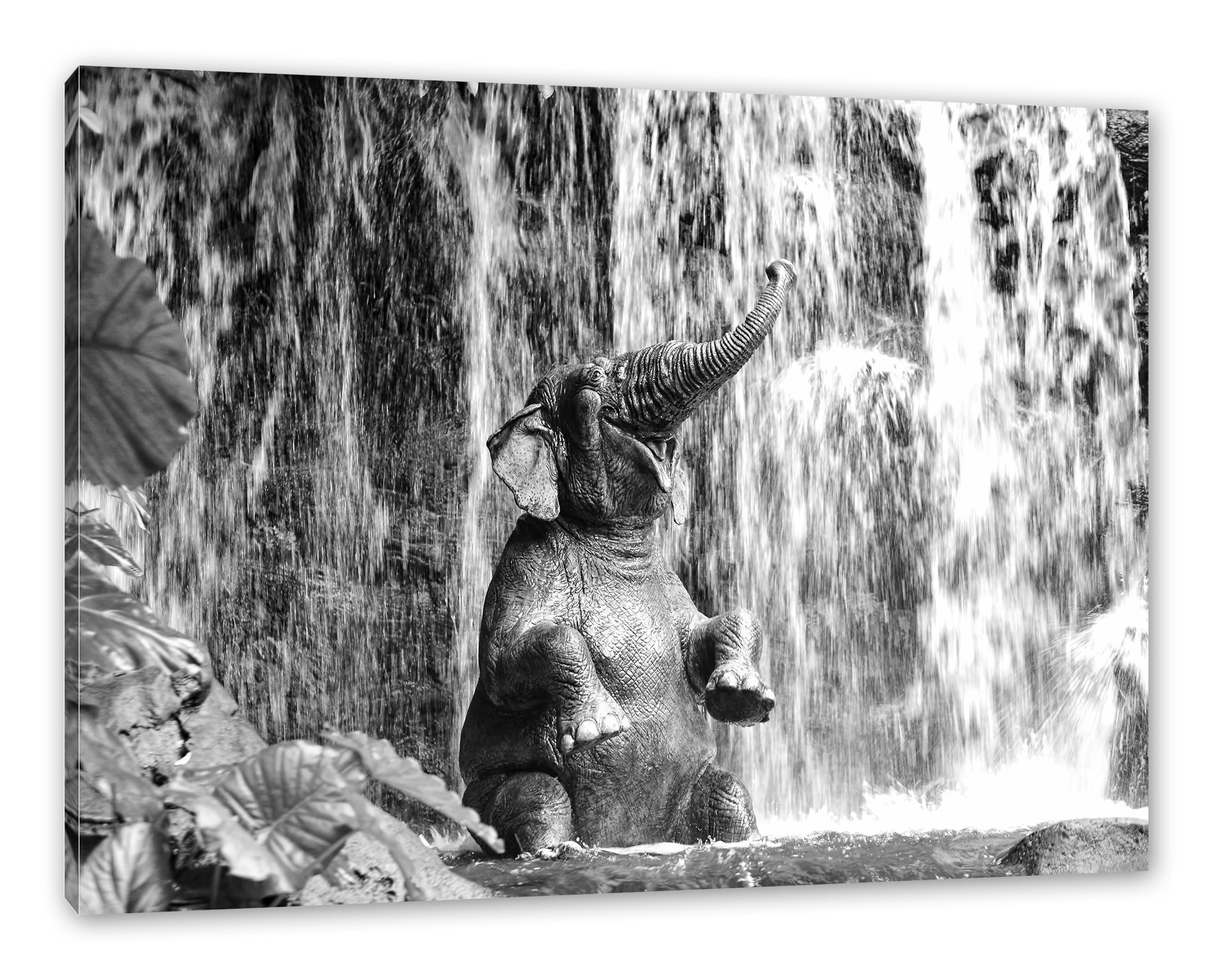 Wasserfall, Pixxprint Zackenaufhänger fertig Leinwandbild inkl. St), Leinwandbild Wasserfall am (1 Babyelefant Babyelefant am bespannt,