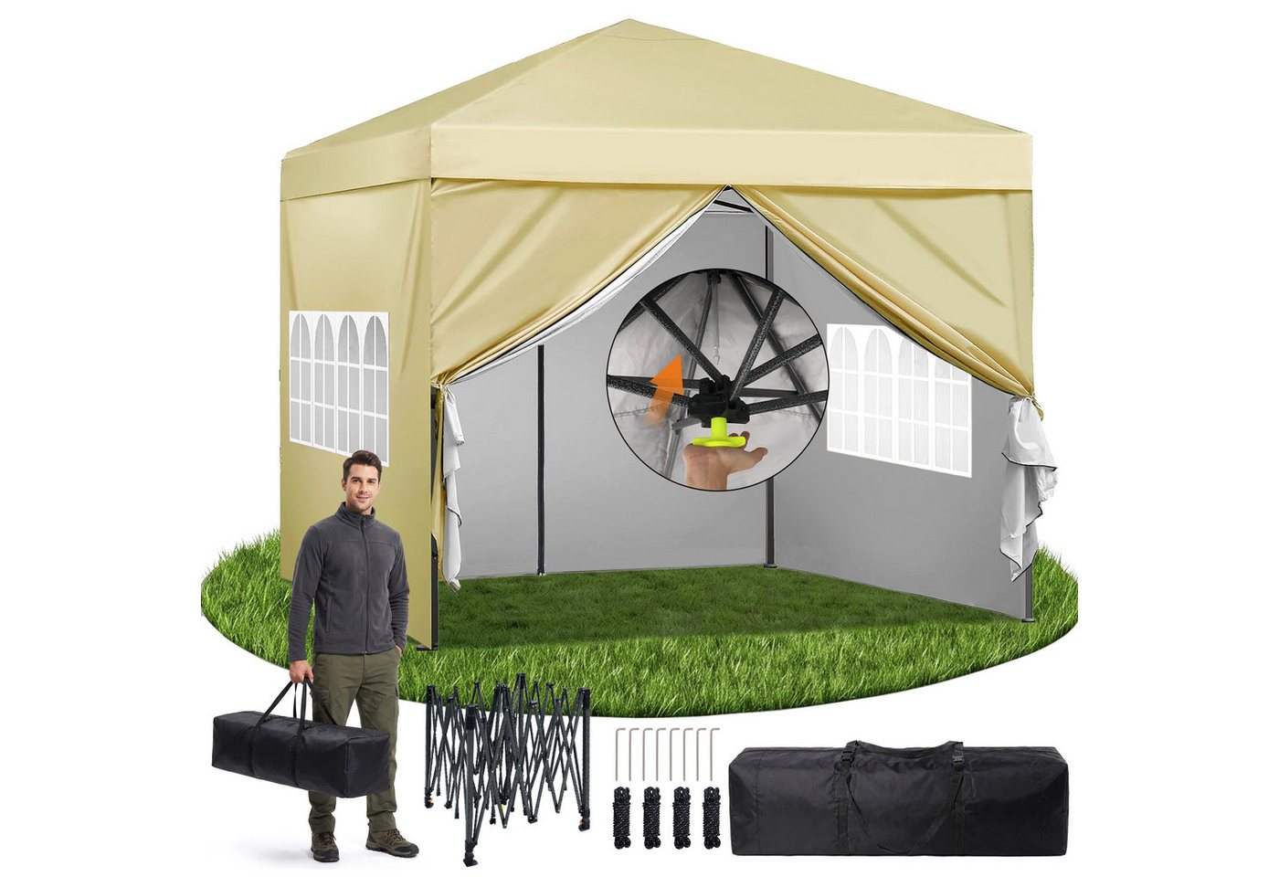 DAITORE Faltpavillon 3x3 m Gartenpavillon mit 4 Seitenteilen Höhenverstellbar, mit 4 Seitenteilen, Wasserdicht, Pop-Up, 3 Stufen höhenverstellbar, 4 Seitenteile