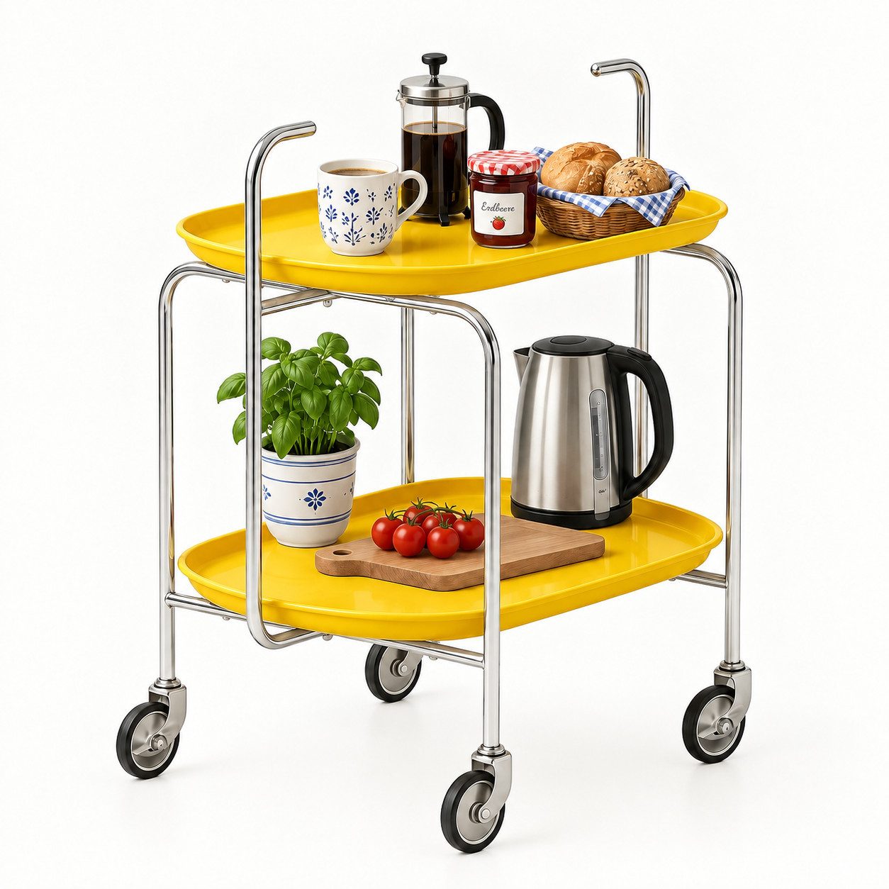 GLIESE POWER Küchenwagen – Flexibler Rollwagen mit 2 Ablagen für Küche, Wohnzimmer & Bad, 65x40x70 cm, Servierwagen mit 360° Lenkrollen und Bremsen