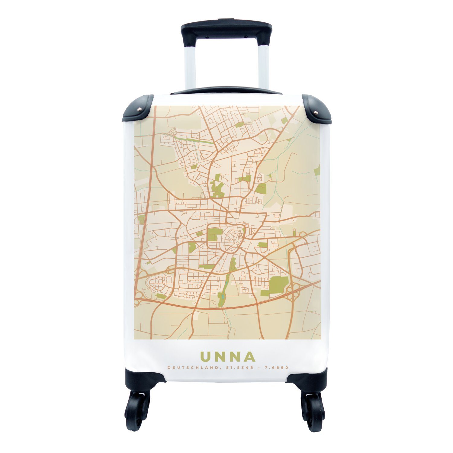 MuchoWow Handgepäckkoffer Unna - Vintage - Karte - Stadtplan - Grundriss, 4 Rollen, Reisetasche mit rollen, Handgepäck für Ferien, Trolley, Reisekoffer