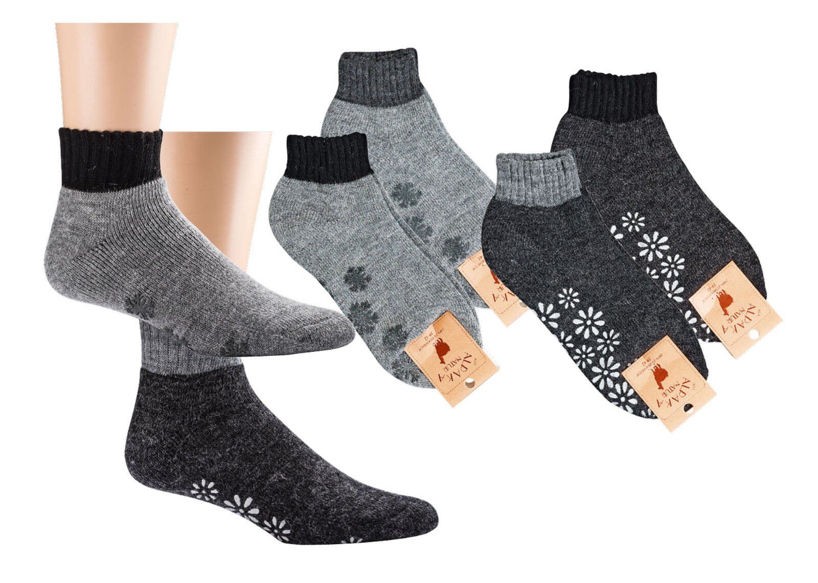 Wowerat ABS-Socken Kurz Socken mit Alpaka Wolle und schönen ABS Blumen Eiskristallen (2 Paar) Innenfrottee hellgrau