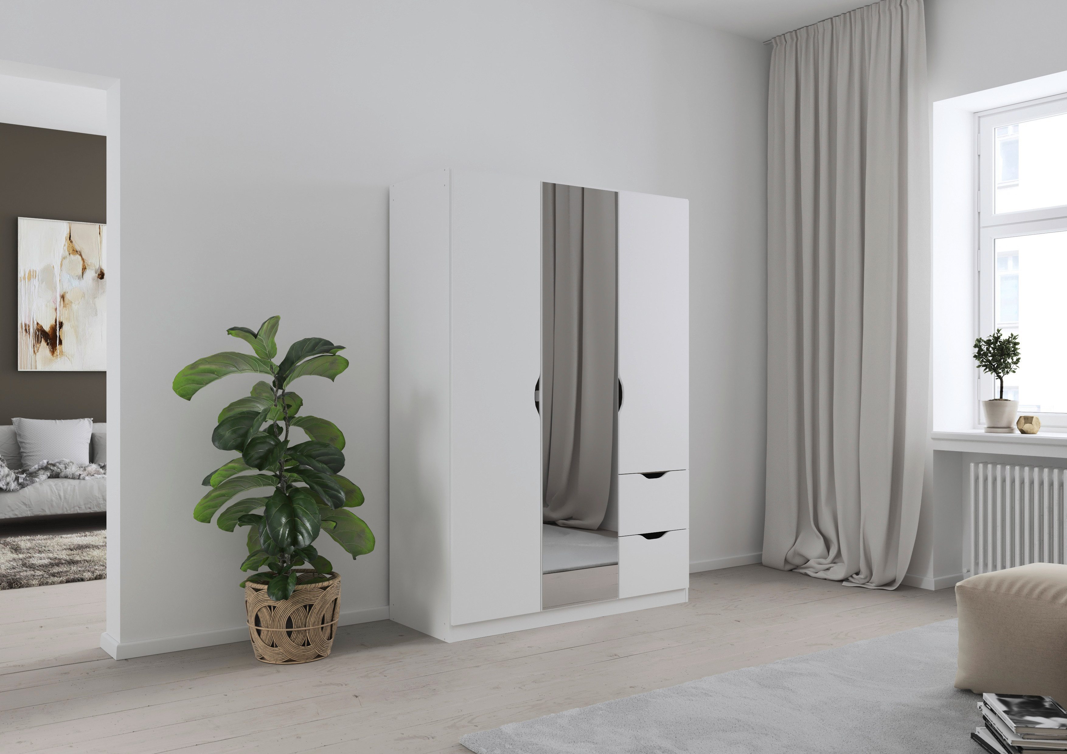 rauch Kleiderschrank Freiham Kleiderschrank Garderobenschrank Nischenlösung mit Spiegel und Schubkästen, Griffmulden, Schlafzimmerschrank Schrank