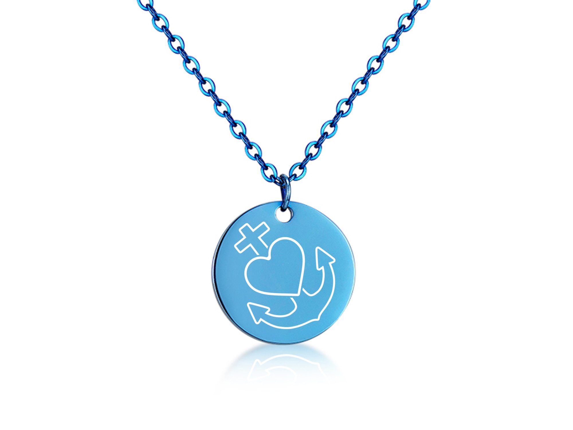 Silberkettenstore Kette mit Anhänger Halskette mit Anhänger Glaube, Hoffnung, Liebe - Edelstahl, zwei Längen und vier Farben wählbar blue