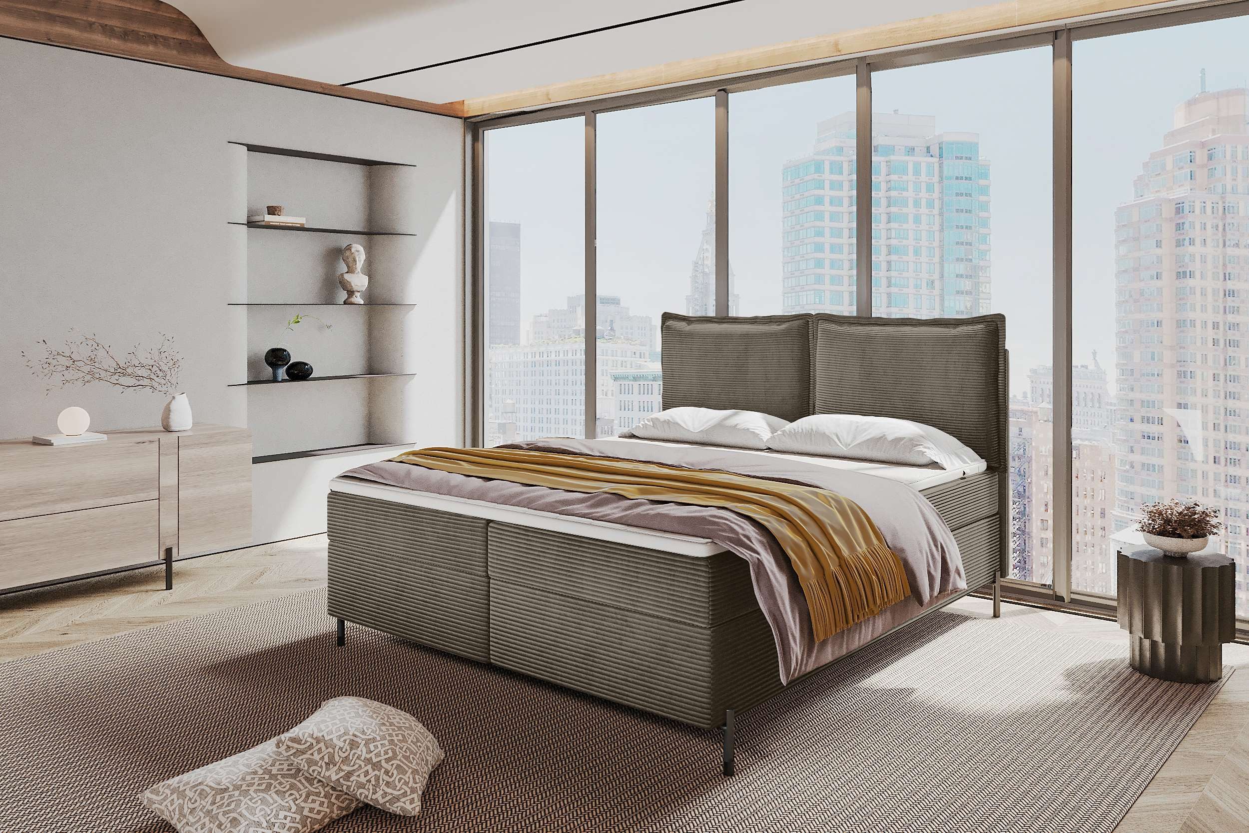 99rooms Boxspringbett Vero (Schlafzimmerbett, Bett), 140/160/180/200x200 cm, in Cord POSO, mit Topper, Bettkasten