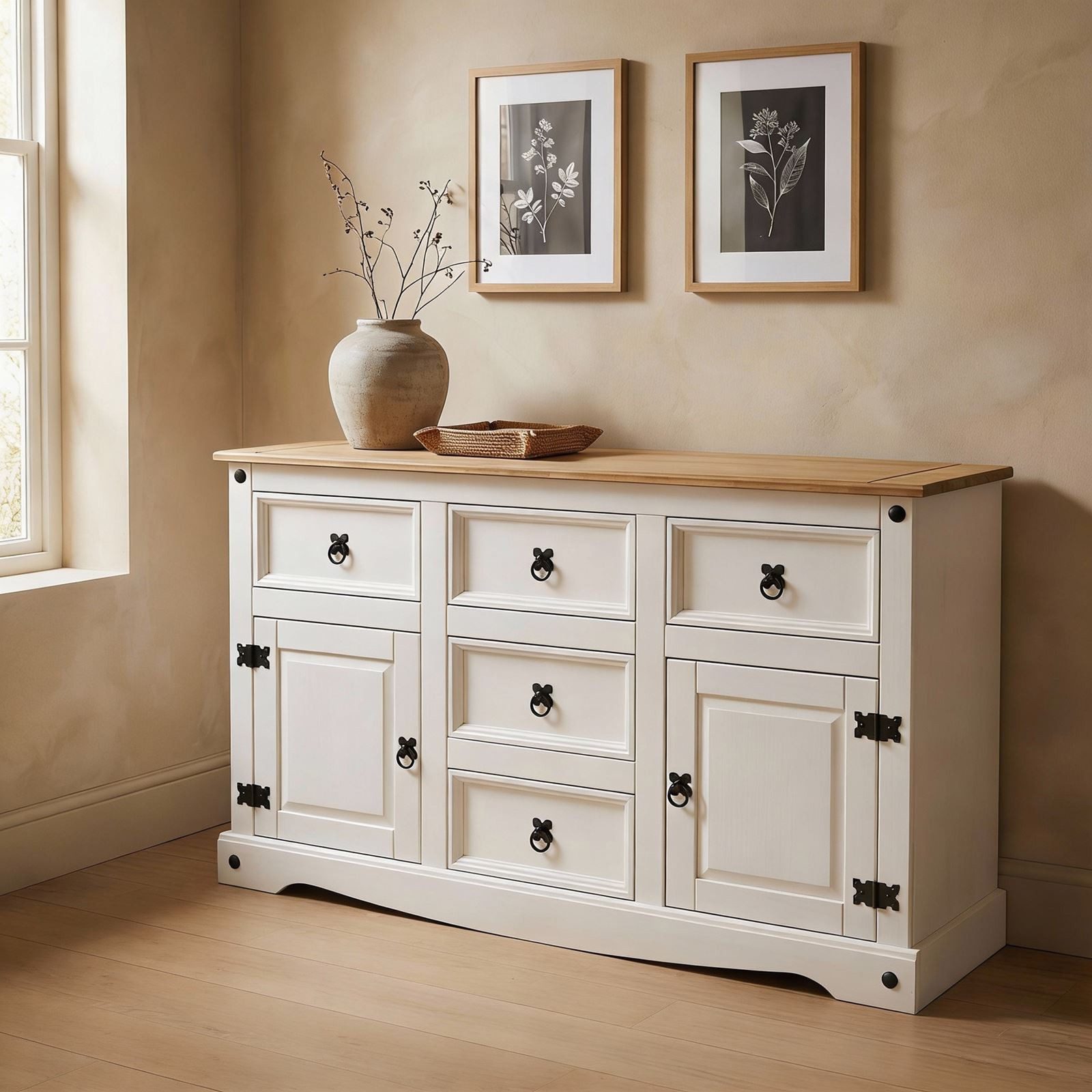 CARO-Möbel Sideboard CAMPO, Sideboard Kommodemassivholz Schubladenschrank Mexiko Stil weiß