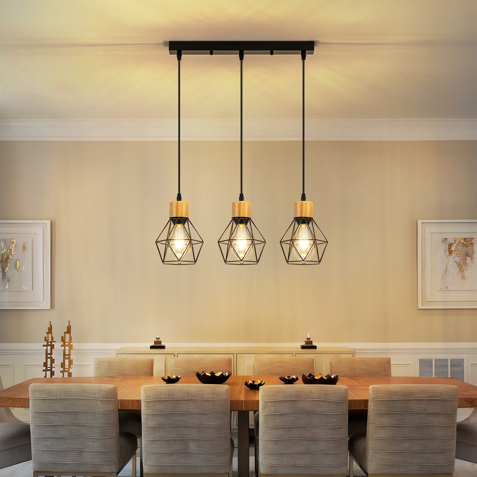 Nettlife Pendelleuchte Vintage Schwarz 3-flammig Industrielle Eleganz aus Metall Holz E27, ohne Leuchtmittel, für Wohnzimmer Esszimmer Küche Schlafzimmer in Restaurants und Cafés