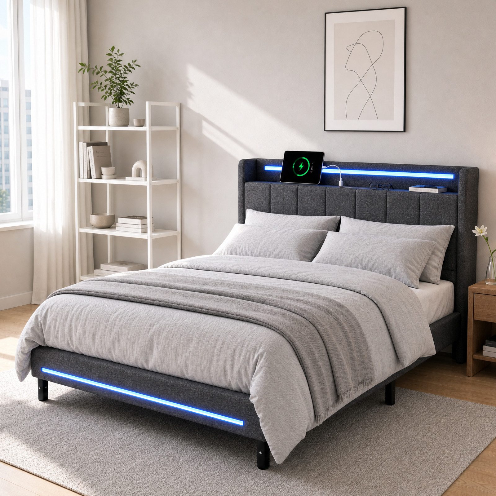 Patbrela Polsterbett mit LED und USB-Ladefunktion, für Matratze 140x200/160x200 cm, Doppelbett mit gepolstertem Kopfteil