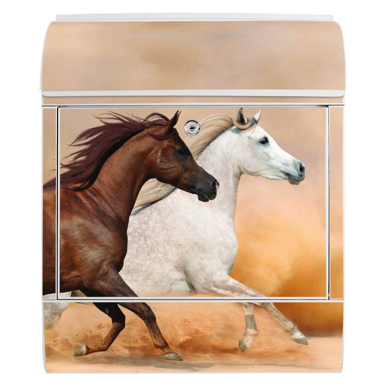 banjado Wandbriefkasten 47 x 39 Pferde x mit weiß pulverbeschichtet, Wilde (Wandbriefkasten Stahl Zeitungsfach), 14cm witterungsbeständig