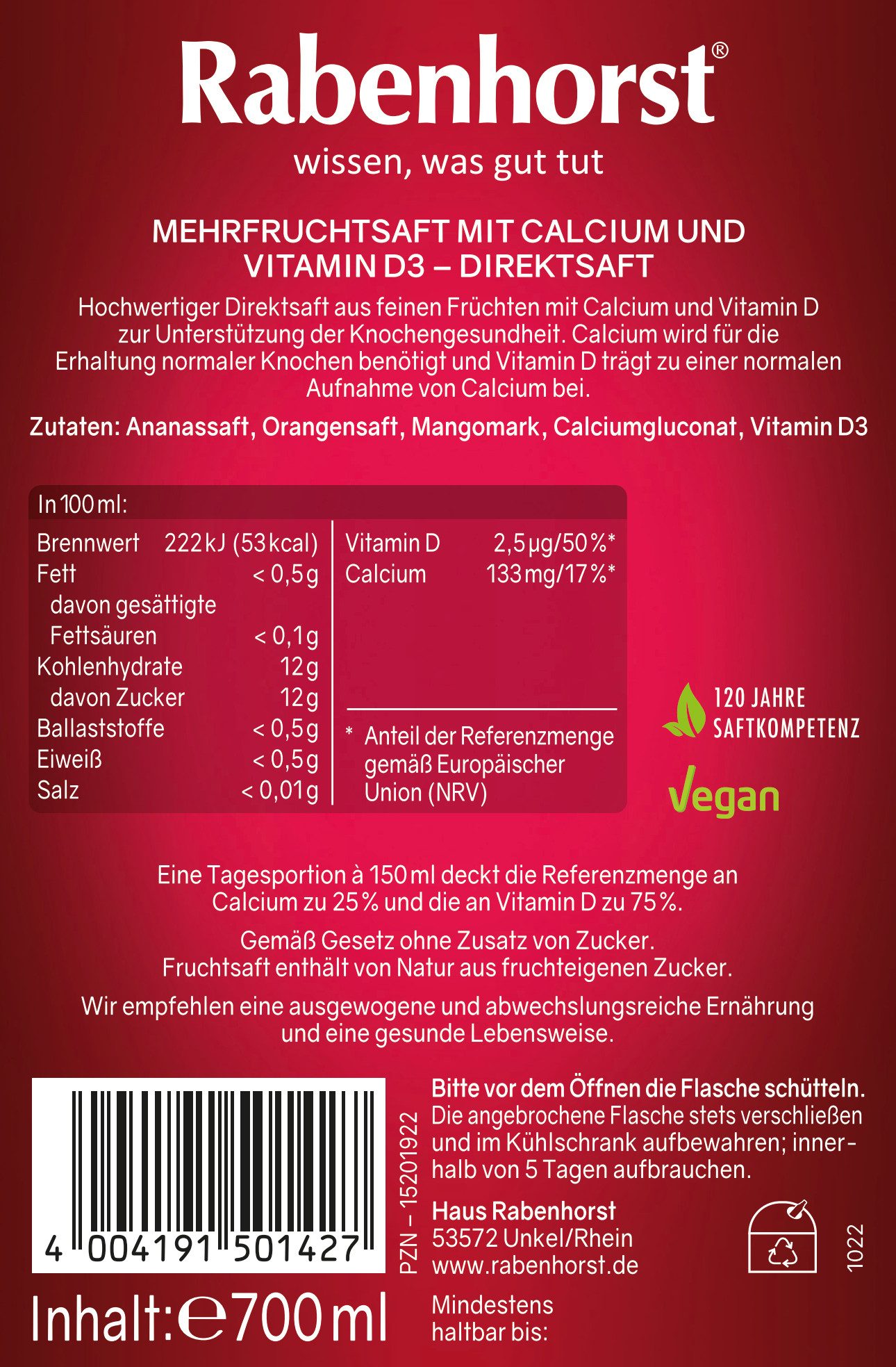 Haus Rabenhorst Saft RABENHORST "Gesunde Knochen" 6er Pack (6 x 700 ml), 4,2 l, 6 St.