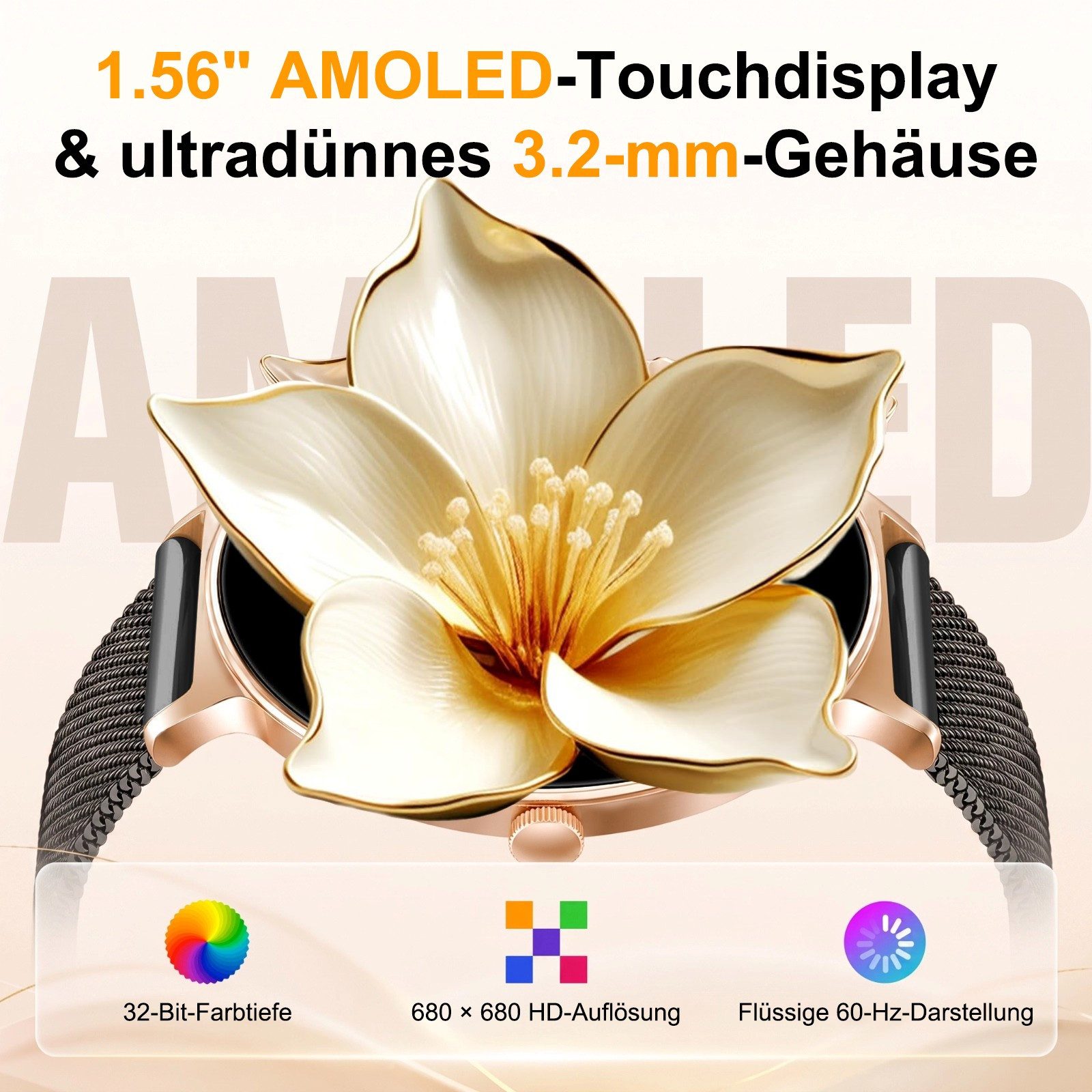 SWGOTA 2026 Smartwatch Damen Ultradünn mit 1,56" AMOLED und 20 Tage Akku Smartwatch IP68+5ATM Fitnessuhr mit 150+ Sportmodi und Bluetooth-Anruf, sowie SpO2-, WhatsApp Benachrichtigungen, Herzfrequenz-, Blutdruck- und Schlafüberwachung für Android und iOS