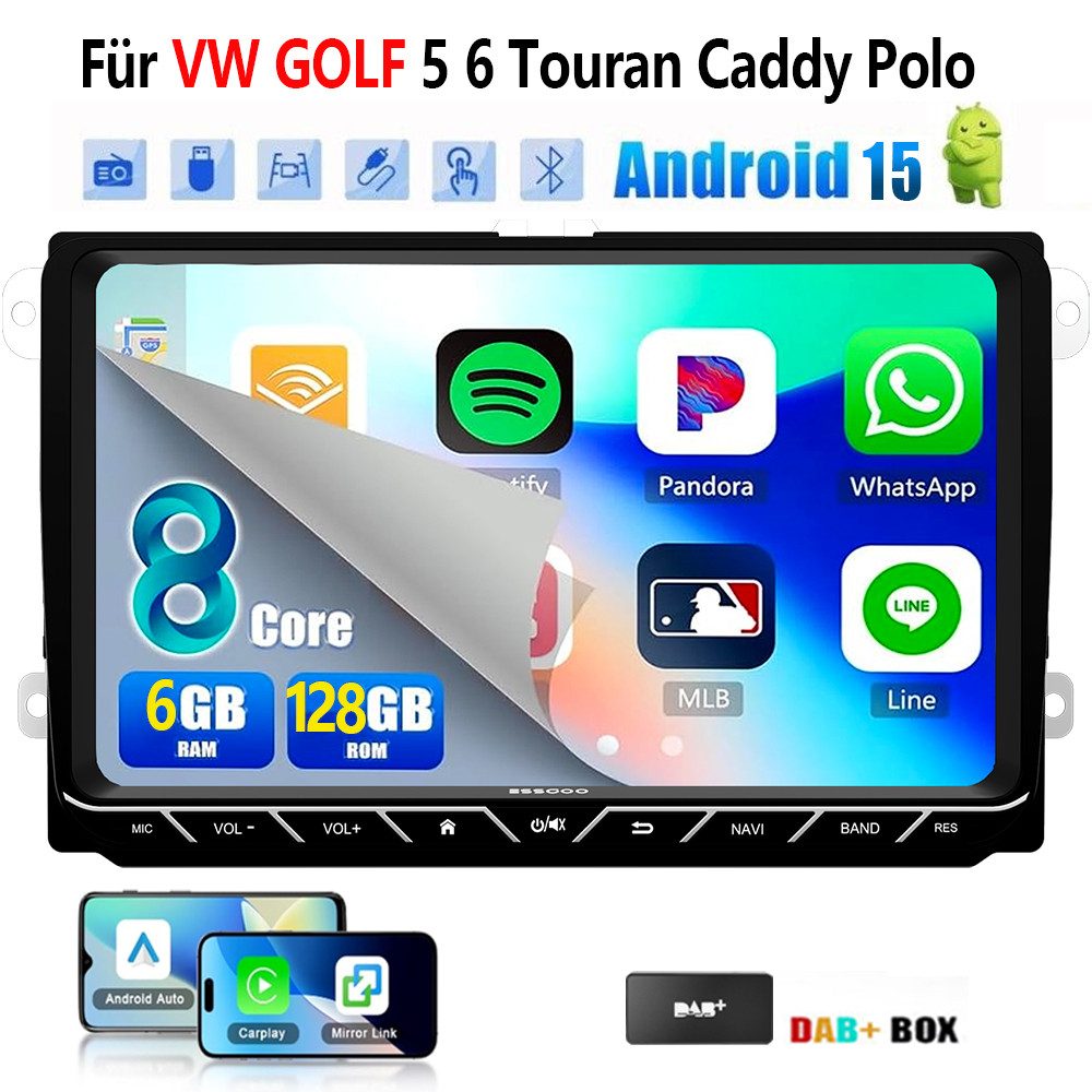 ESSGOO DAB+ Android15 6+128G Carplay GPS 4G Für VW GOLF 5 6 Touran Caddy Polo Autoradio (6GB+128GB, RDS, 4G LTE, FM, AM, DAB+ (optional), Carplay Android Auto Bluetooth EQ USB GPS Navi WIFI Touchscreen)