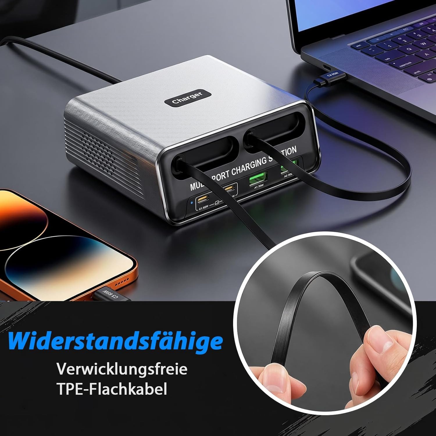 OYLCDI 6 in 1 Ladestation Mehrere Geräte,320W Schnellladegerät USB-Ladegerät (USB C Schnellladegerät mit 2 Einziehbaren Kabeln, Klein Ladestation Kompatibel, für MacBook, iPad, iPhone, Samsung und anderen Geräten)