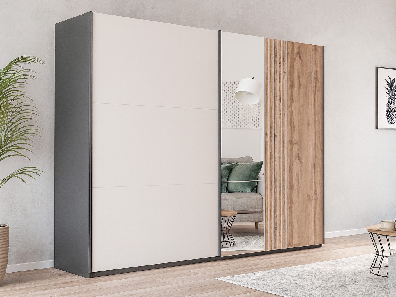 Beautysofa Schwebetürenschrank EVIA mit Spiegel und 2 Türen (Regalböden und Kleiderstangen, modernes Design) Breite: 203 cm oder 250 cm