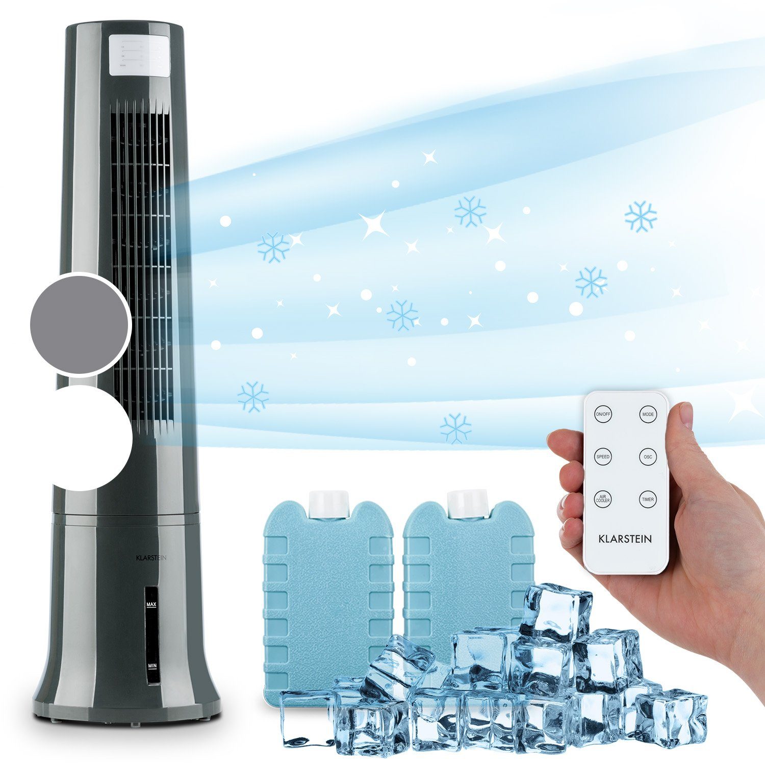 Klarstein Ventilatorkombigerät Highrise 3-in-1 Luftkühler, mit Wasserkühlung & Eis mobil Klimagerät ohne Abluftschlauch Grau