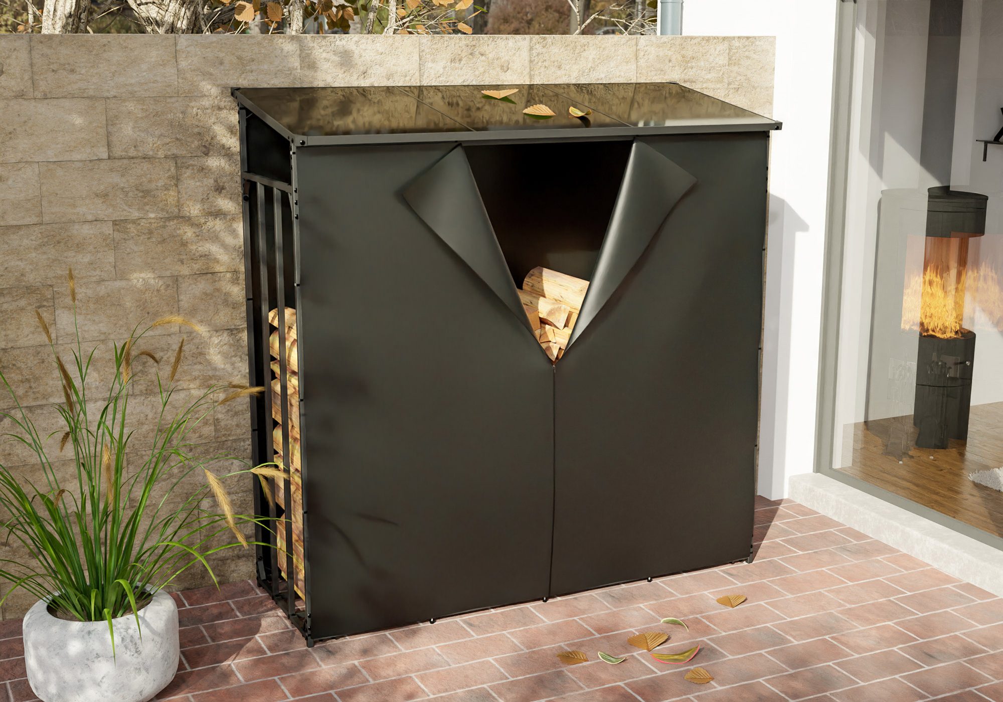 TPFLiving Kaminholzregal Sorin, BxTxH:185x70x185 cm, (Abschrägtes Dach aus günstig online kaufen