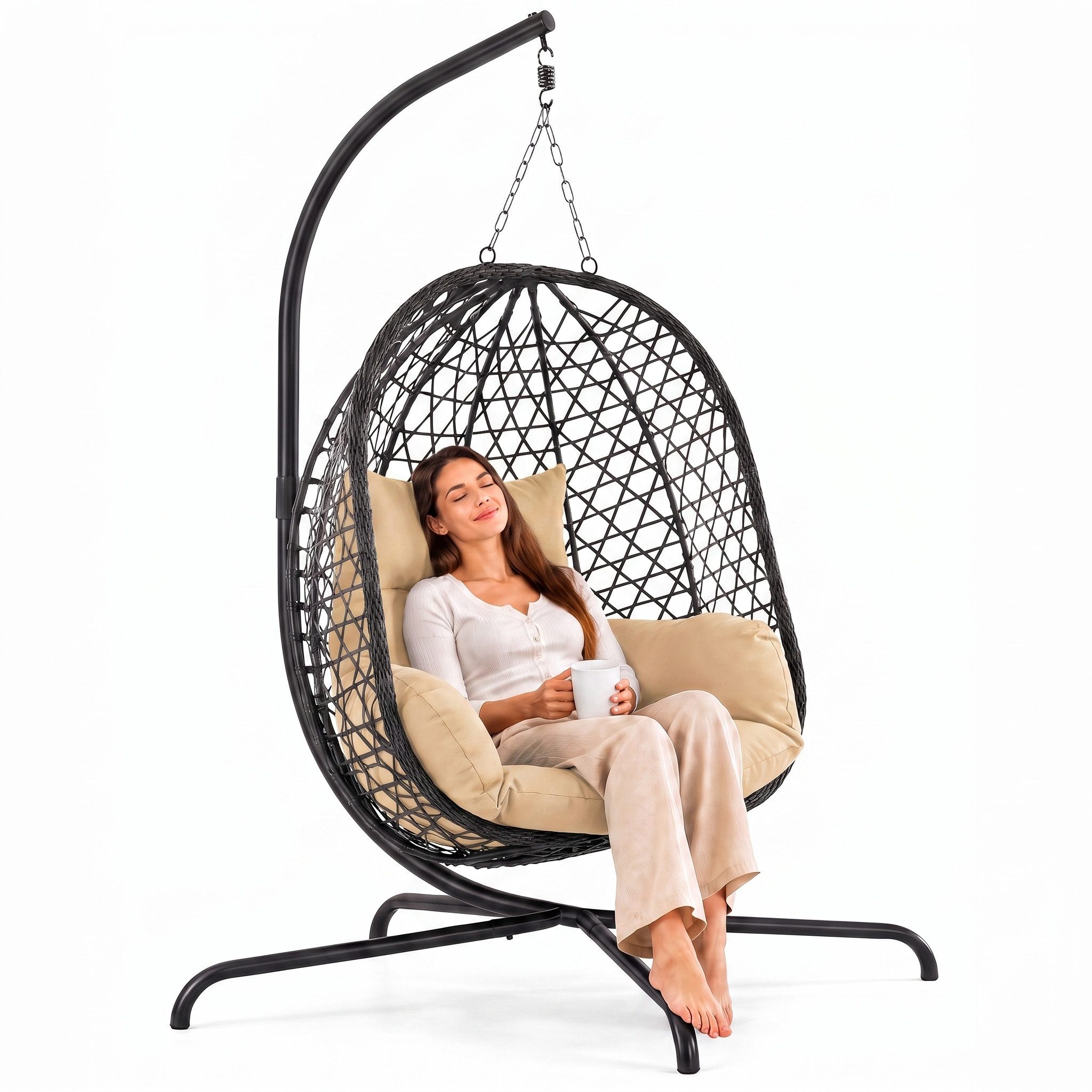 Goods+Gadgets Hängestuhl Polyrattan Hängestuhl mit Gestell und Kissen–Komfort für Innen & Außen (Hängekorb Sessel), Schwebeliege Rattan Outdoor & Indoor Relax Hängeliege