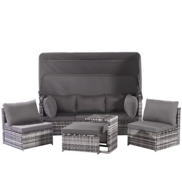 WISHDOR Gartenlounge-Set Garten Sofa Tisch Esstisch Outdoor, (5-tlg., waschbare Kissen, graues Geflecht + graue Kissen), Patio-Lounge-Set mit Baldachin, Allwettergeflecht