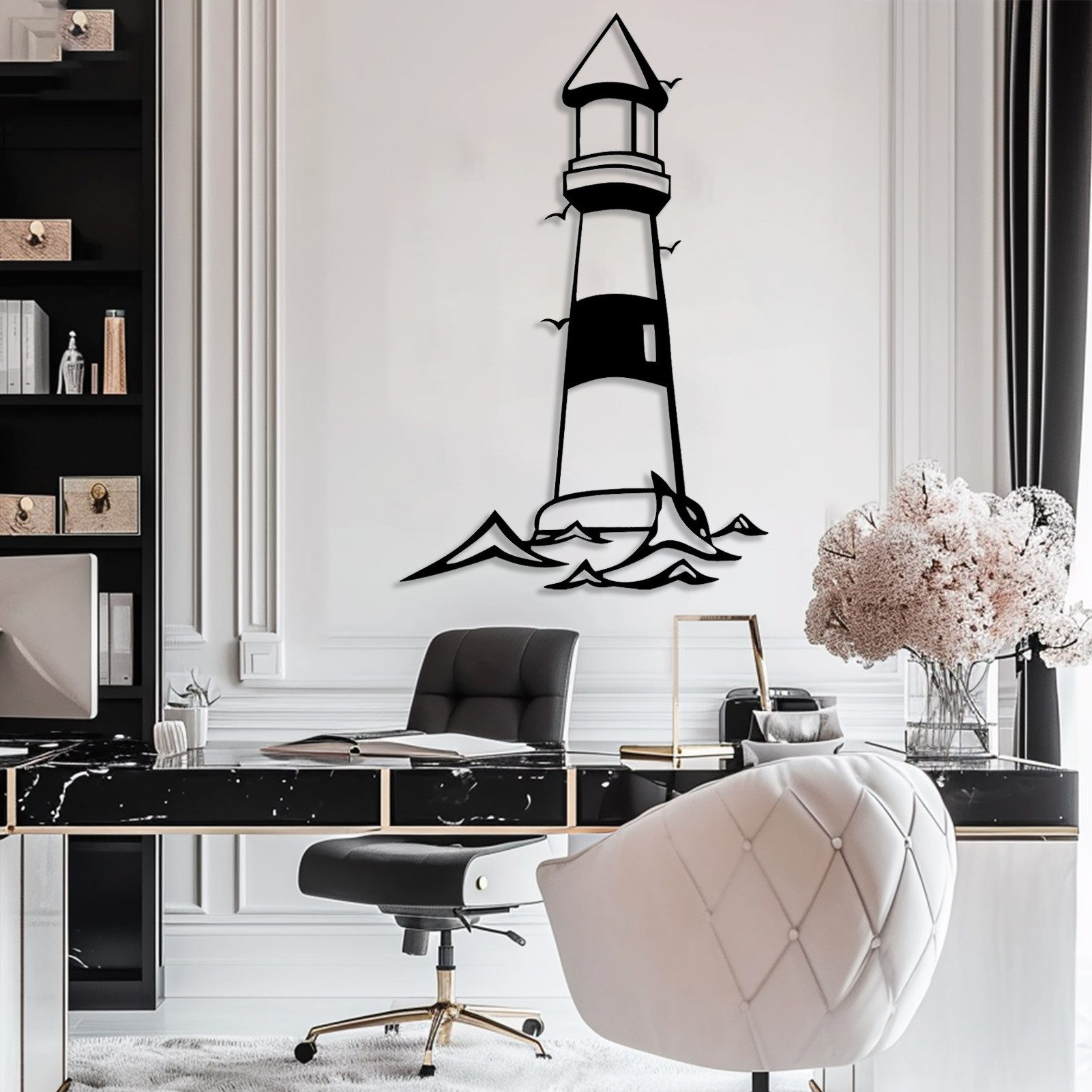 Jumpeak Wanddekoobjekt Leuchtturm-Wanddeko,Umgeben Möwen,Fliegen,Kunstvolle Linienführung, Metall,4 Farben,4 Maße,Maritimen Geschenke,Küstenflair,Für Wohnzimmer – Bild 3 von 5