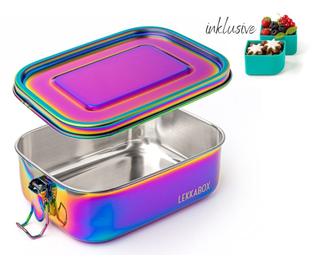 LEKKABOX Lunchbox Rainbow Safe, 800ml - Kinder Edelstahl Brotdose 3 Fächer auslaufsicher, Brotzeitdose