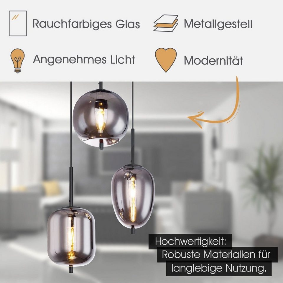 bmf-versand Hängeleuchte Hängelampe Esszimmer Hängeleuchte Wohnzimmer  Rauchglas Pendelleuchte, Leuchtmittel wechselbar