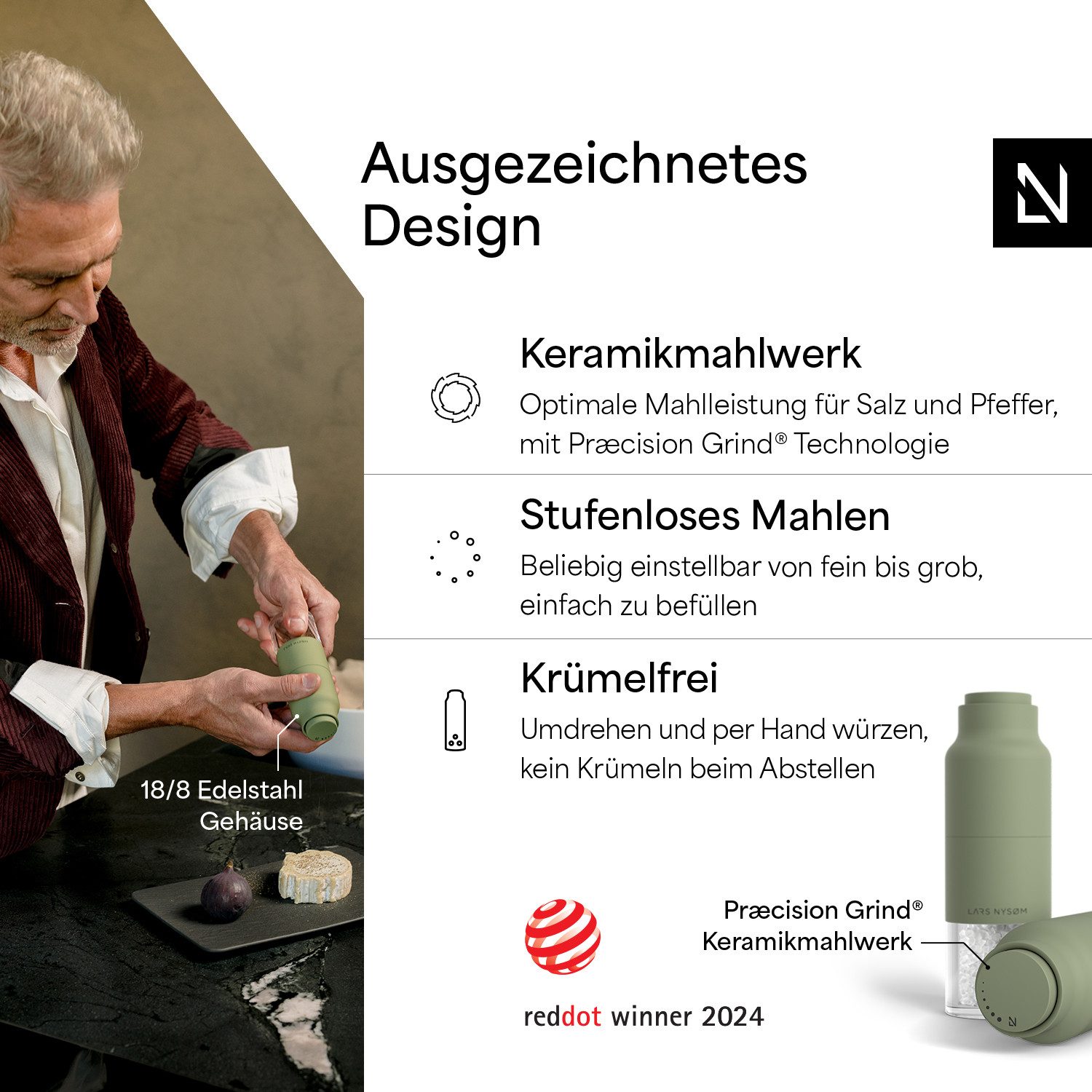 LARS NYSØM Gewürzmühle Omvendt, (2 Stück), Design Gewürzmühlenset mit Keramikmahlwerk (Stufenlos)
