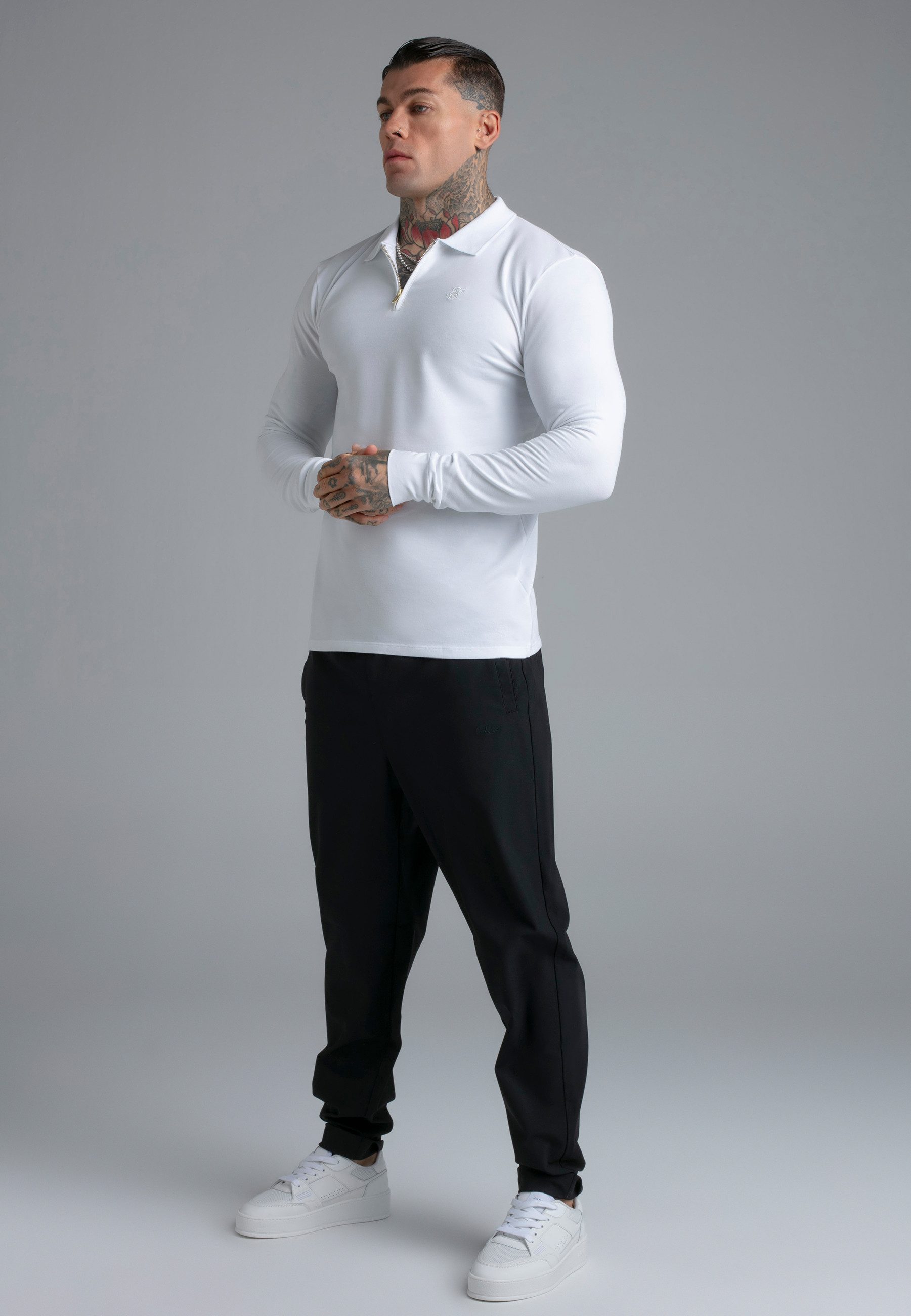 T-Shirt SikSilk Herren Weißes Langarm Zip-Polo T-Shirt