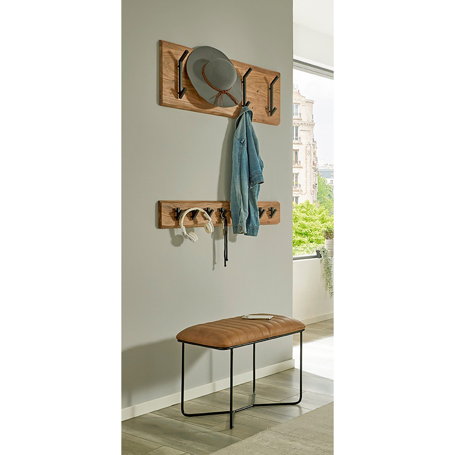 HAKU Garderobenständer RIVERA 4 Garderobe - akazie-schwarz - Massivholz, Metall - B. 90cm, (1xWandgarderobe, Wandhalterung - Wandhalter), Wandhakenleiste - Hakenleiste - Garderobenleiste - Wandhaken