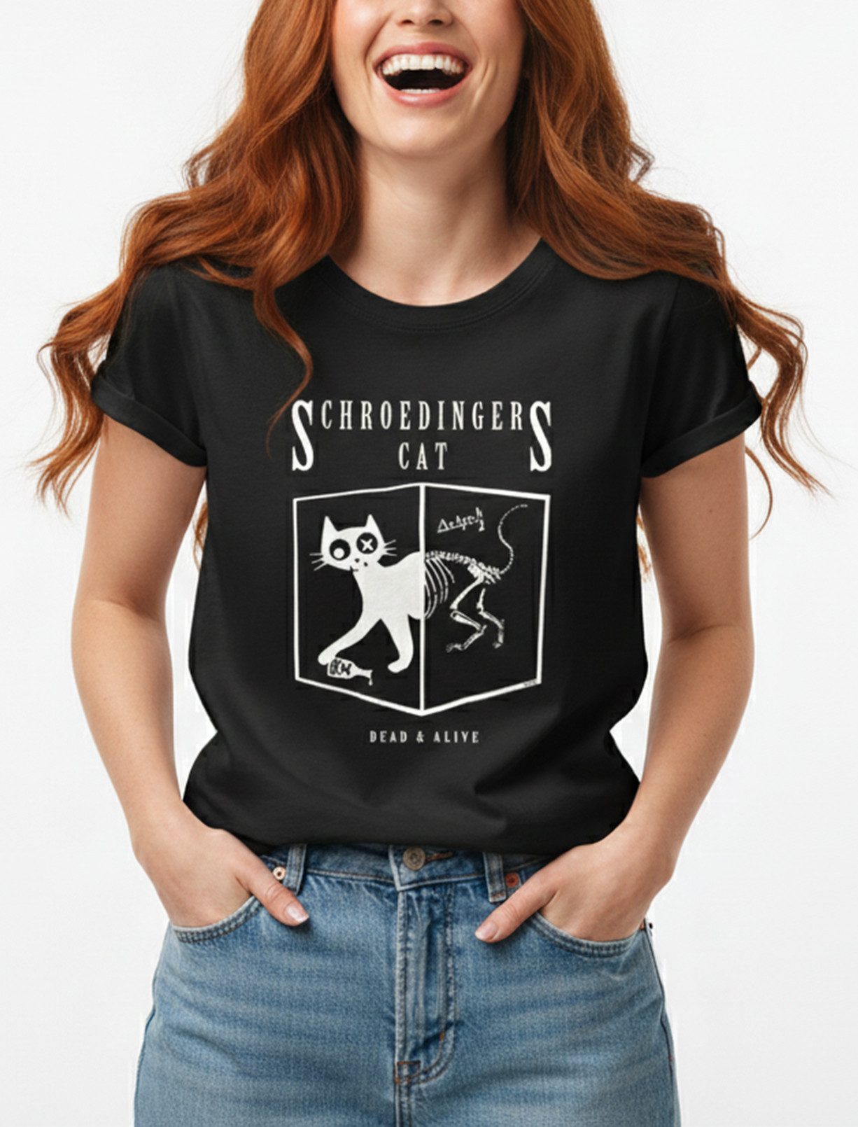MAKAYA T-Shirt Damen Schrödingers Katze Cat Shirt Print Aufdruck Frauen Top