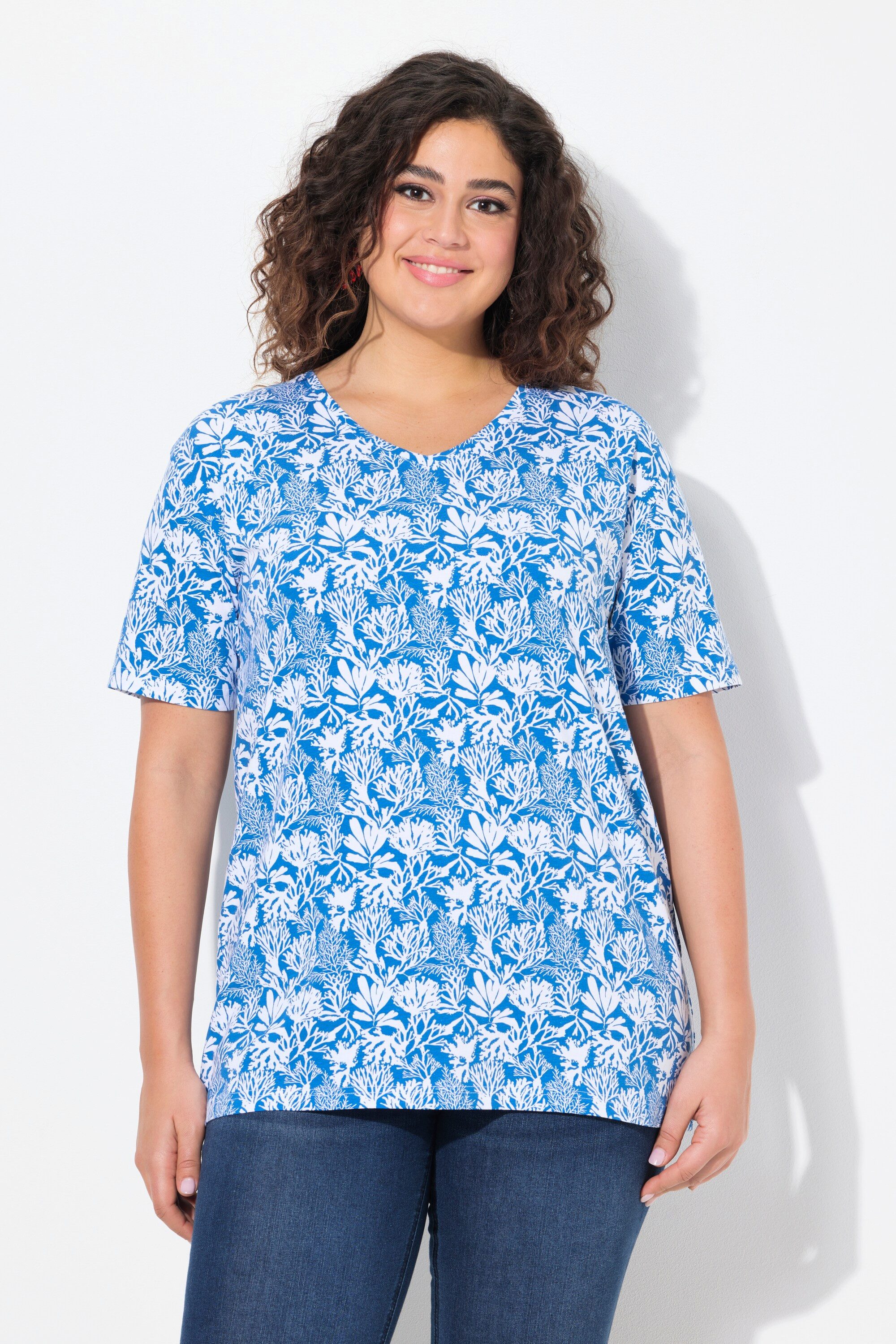 T-Shirt T-Shirt floraler Druck A-Linie V-Ausschnitt