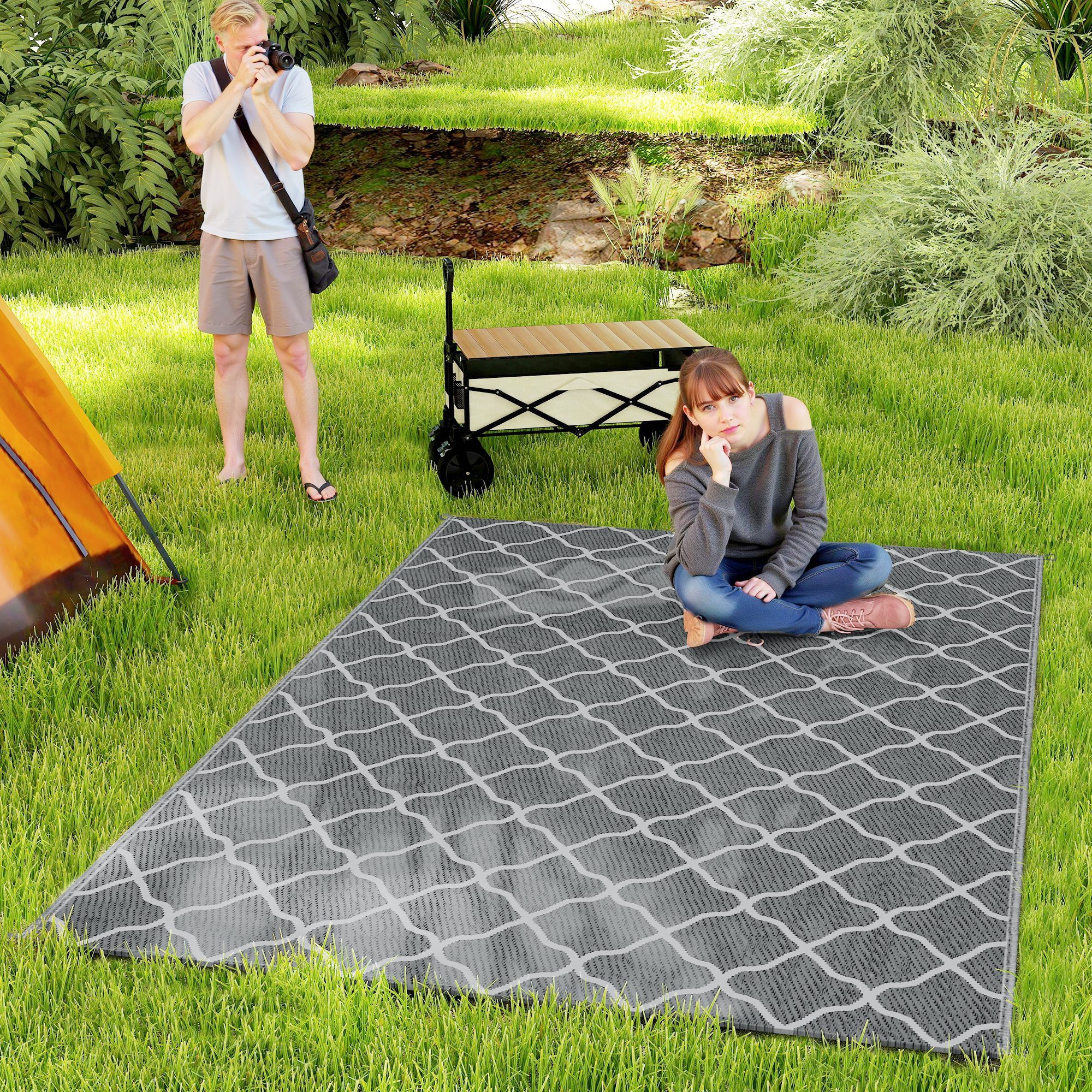 Outsunny Outdoorteppich mit Netzmuster, rechteckig, Höhe: 1 mm, 182 x 274 cm Grau