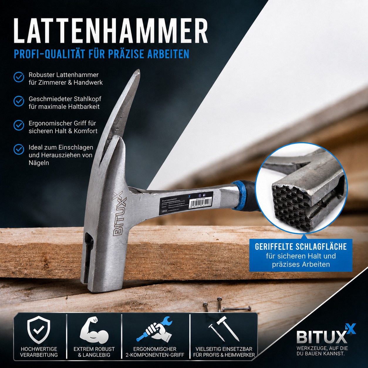 Bituxx Latthammer Bituxx Lattenhammer (MS-18935), magnetischer Nagelhalter