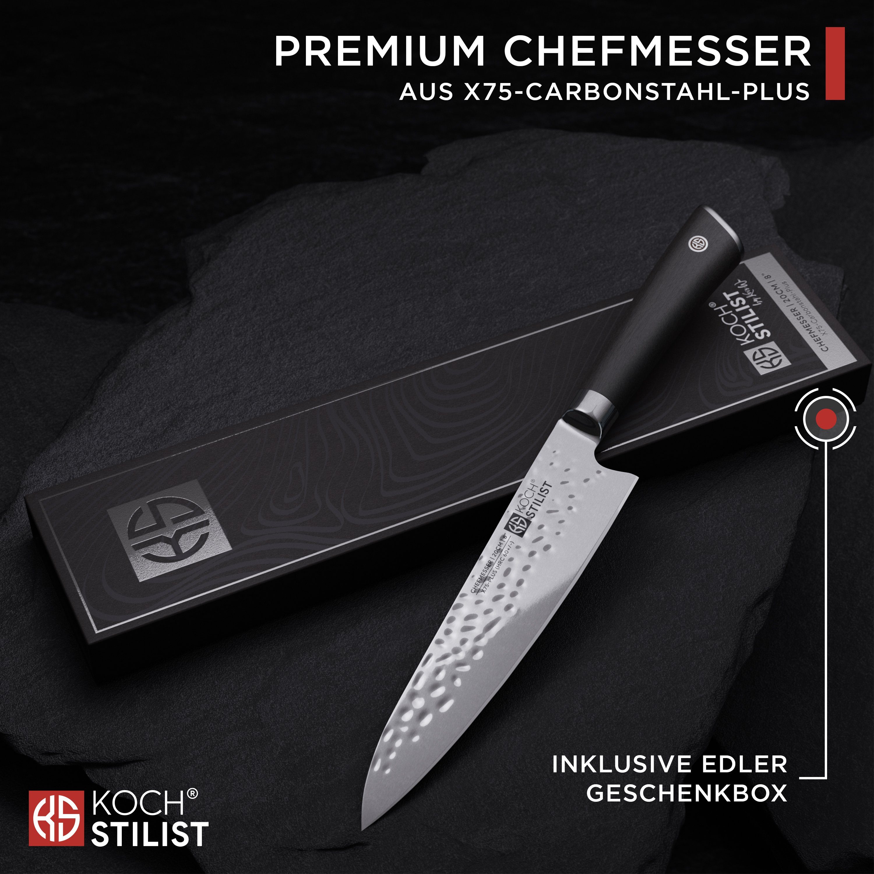 KOCHSTILIST by Kris Wu Kochmesser Premium, extra scharf, 20 cm - hohe Schneidleistung im edlen Design, Küchenmesser, Japan, Chef, Messer, Damast, Set, Schwarz, Holzgriff