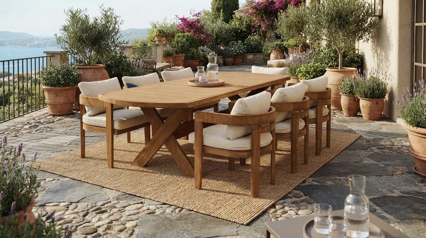 Xlmoebel Garten-Essgruppe Modernes 9-tlg. Esstisch Set Beige Tisch mit 8x Luxus Armlehnstühlen, (9-tlg., 9-tlg)