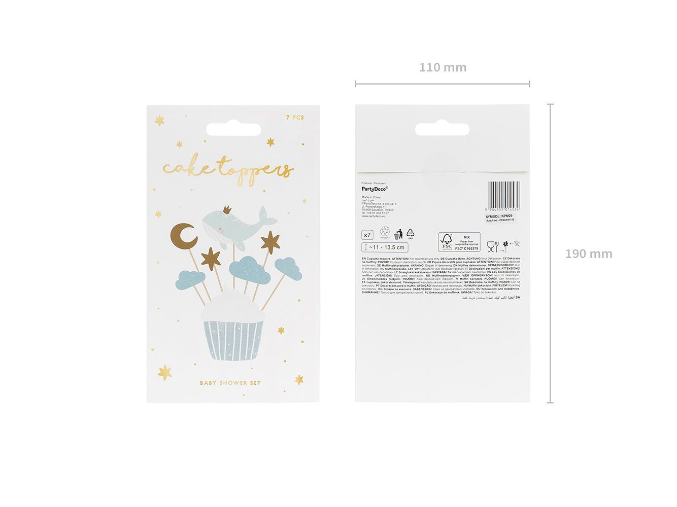 partydeco Tortenstecker, Cake Topper Wal 13,5cm mint gold 7er Set