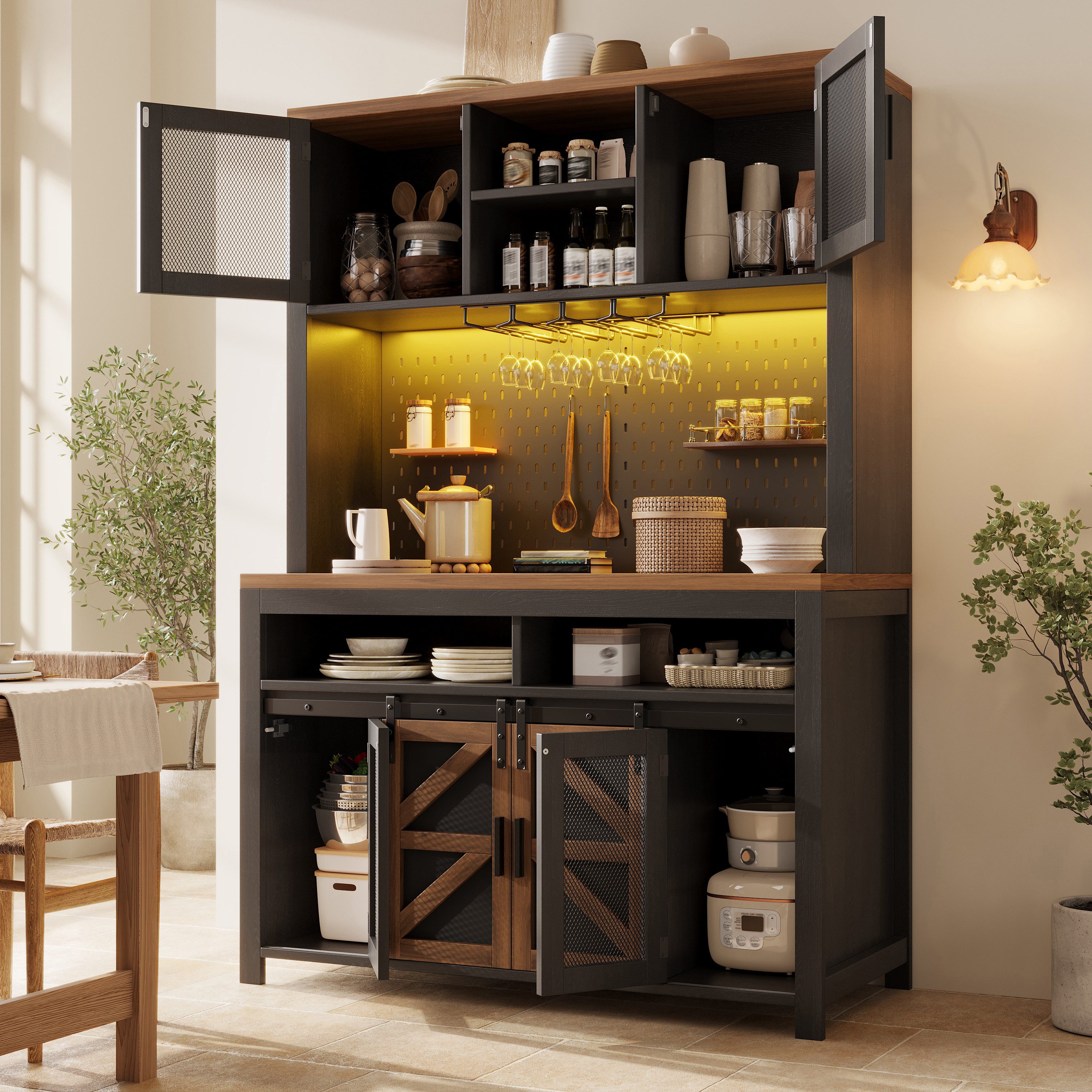 Flieks Küchenbuffet mit LED-Beleuchtung, Lochwand, USB-Anschluss und Schiebetüren (1-St., B120/T40/H174,5 cm) Küchenschrank Hochschrank mit Metallgittertüren und Steckdosen Schwarz