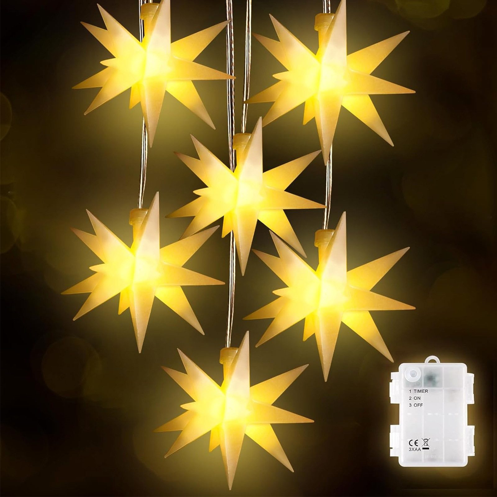 Salcar LED-Lichterkette 3D LED Weihnachtsstern Beleuchtet LED Explodierende Sterne 3er/6er, 3D Leuchtstern Weihnachten Fenster Outdoor Weihnachtsdeko Warmweiß