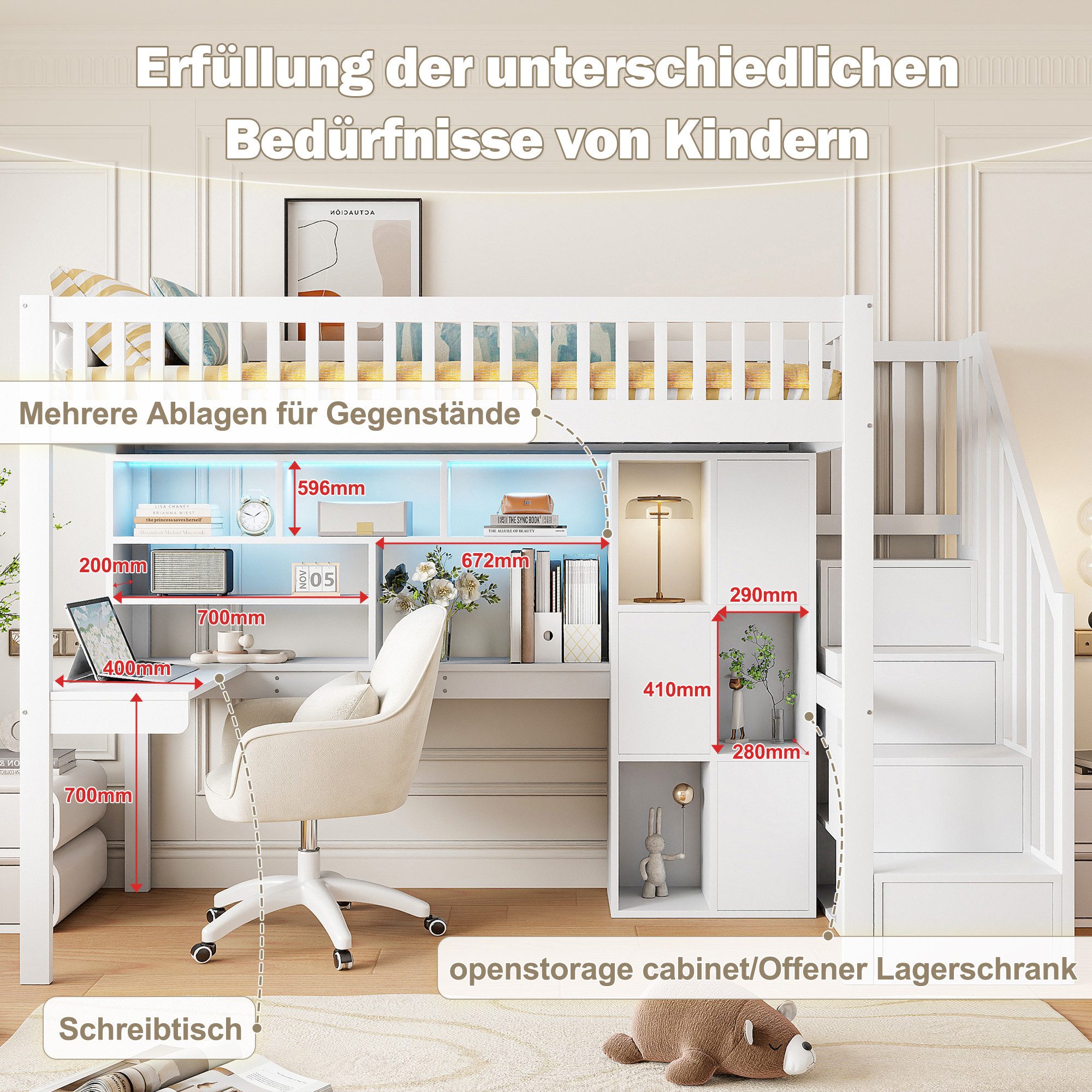 Flieks Hochbett Kinderbett 90x200cm mit Ambientelicht, Ablagefächer und Schreibtisch – Bild 5 von 5