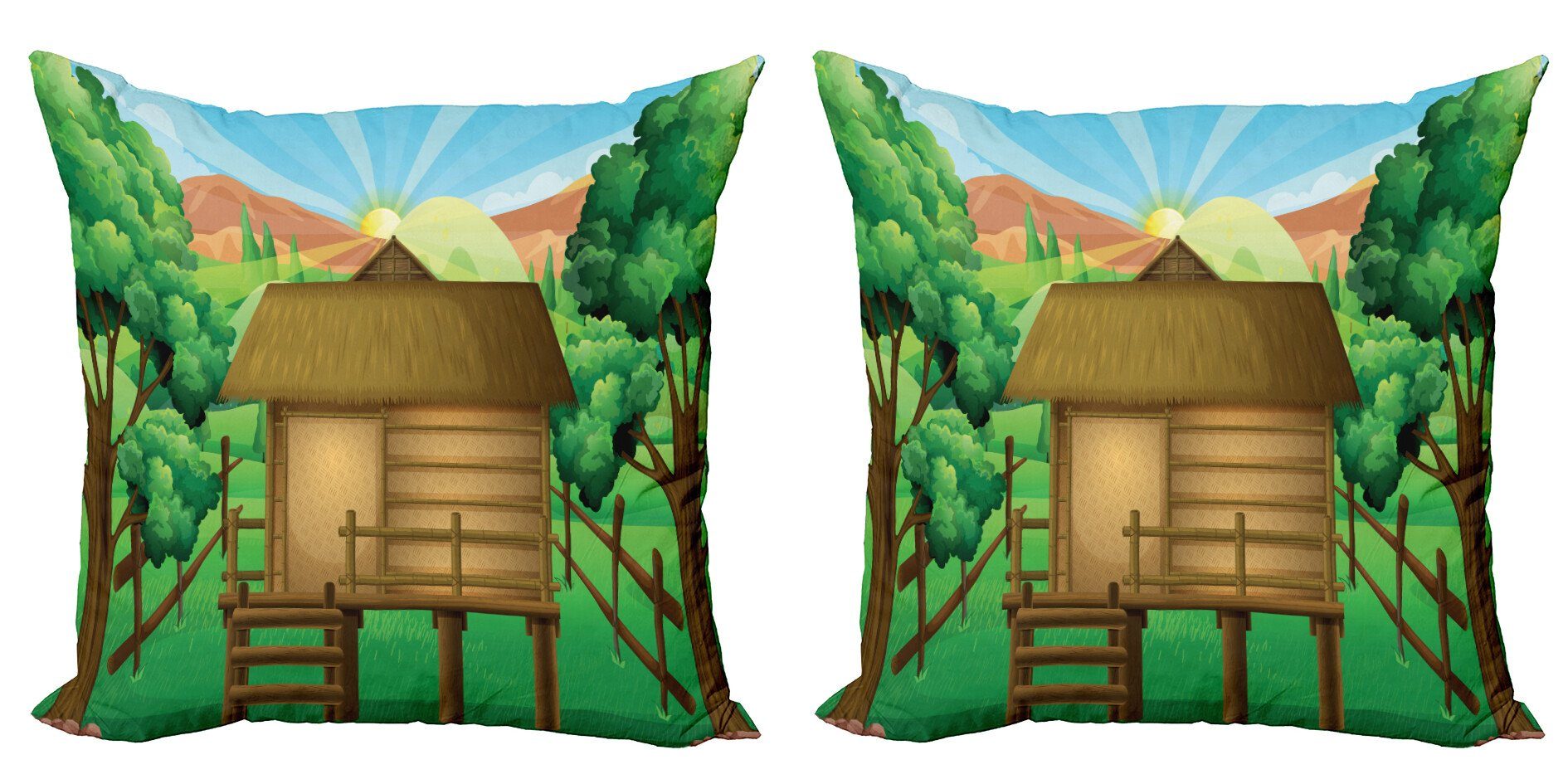 Kissenbezüge Modern Accent Doppelseitiger Digitaldruck, Abakuhaus (2 Stück), Wald Holzhütte Shelter und Sun
