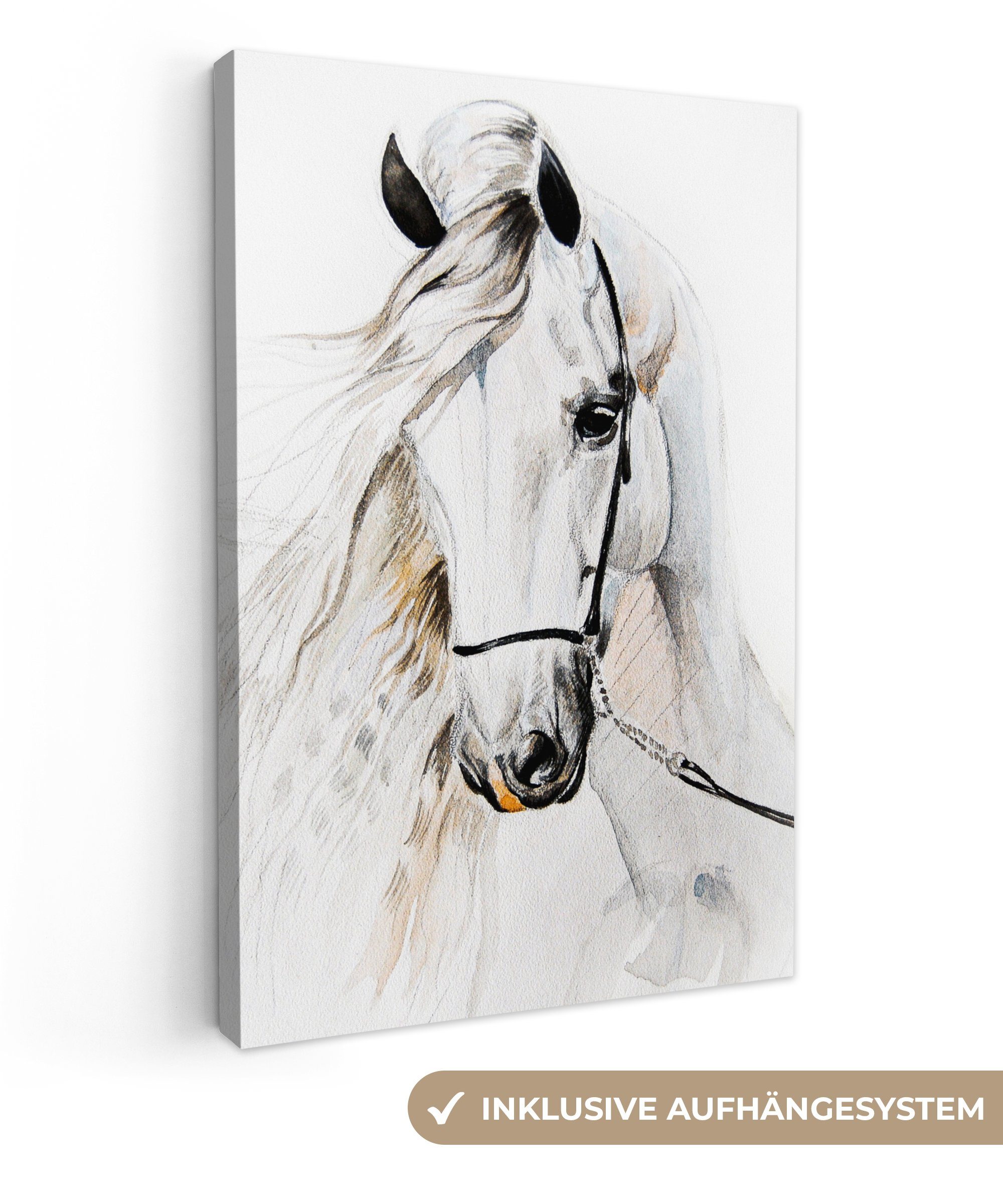 Leinwandbild Pferd - Aquarell - Tiere - Weiß