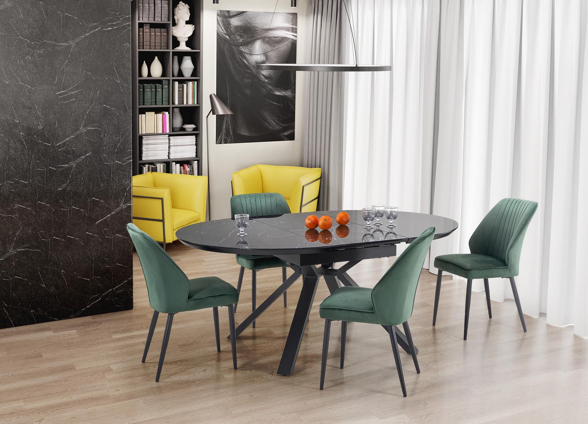 designimpex Esstisch Design HA-500 rund Glasplatte Marmor Schwarz ausziehbar Glas