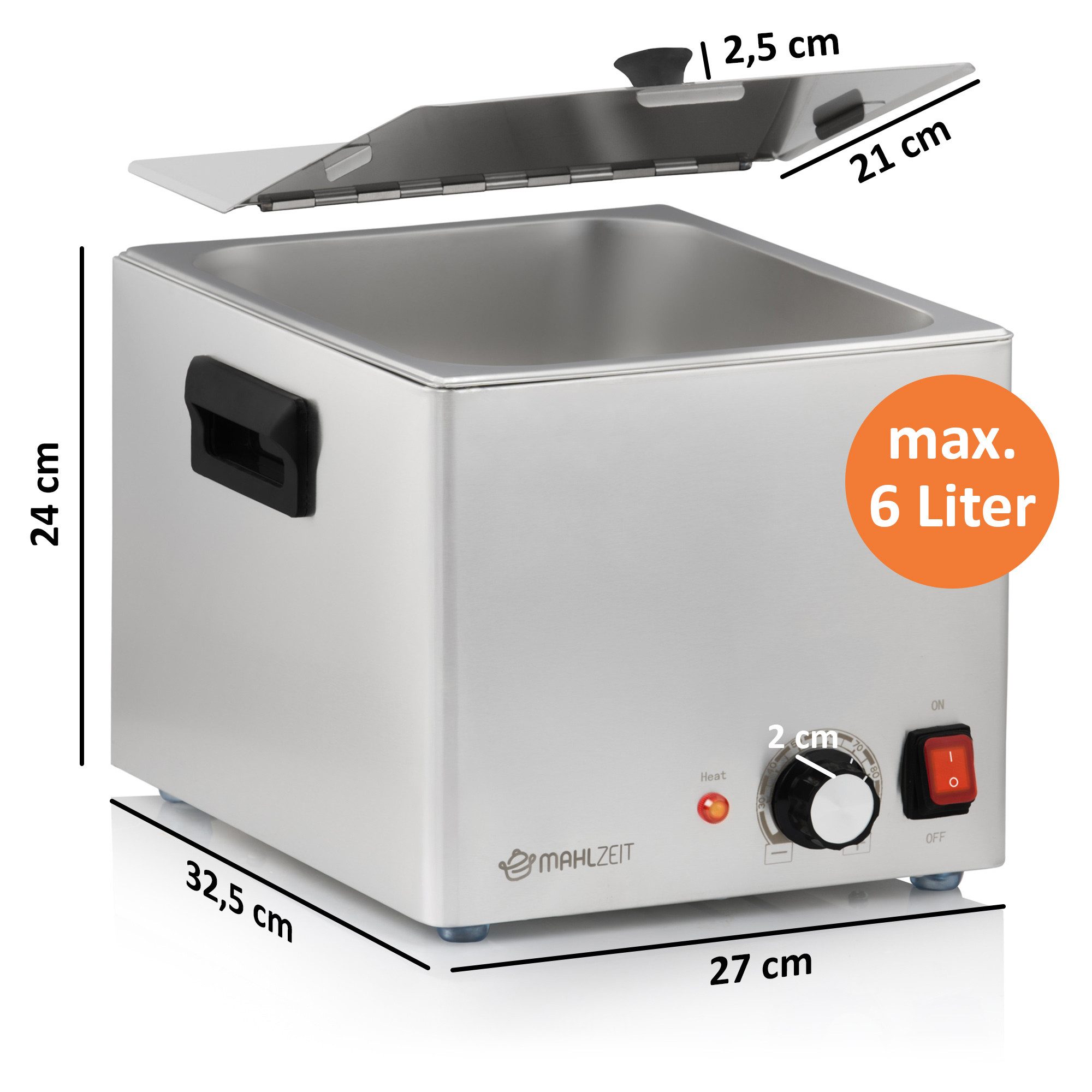 Mahlzeit Speisenwärmer Edelstahl Würstchenwärmer elektrisch, 1200 W, 6 Liter