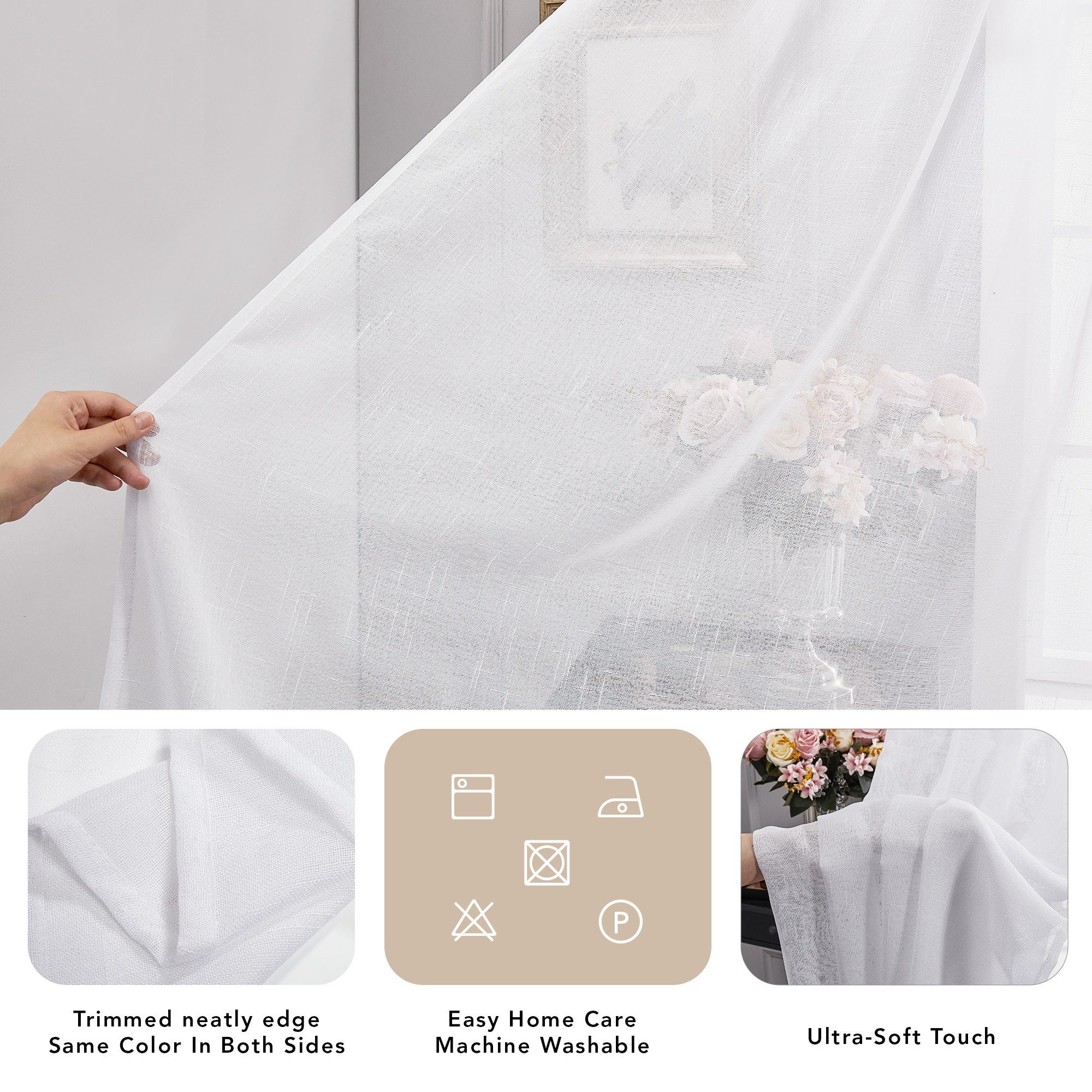 Deconovo Vorhang Voile Leinenoptik Gardinen mit Kräuselband Gardinenschal Weiß 2er Set, Luftige Vorhänge Dekoschal Transparent Vorhang Wohnzimmer einfarbig