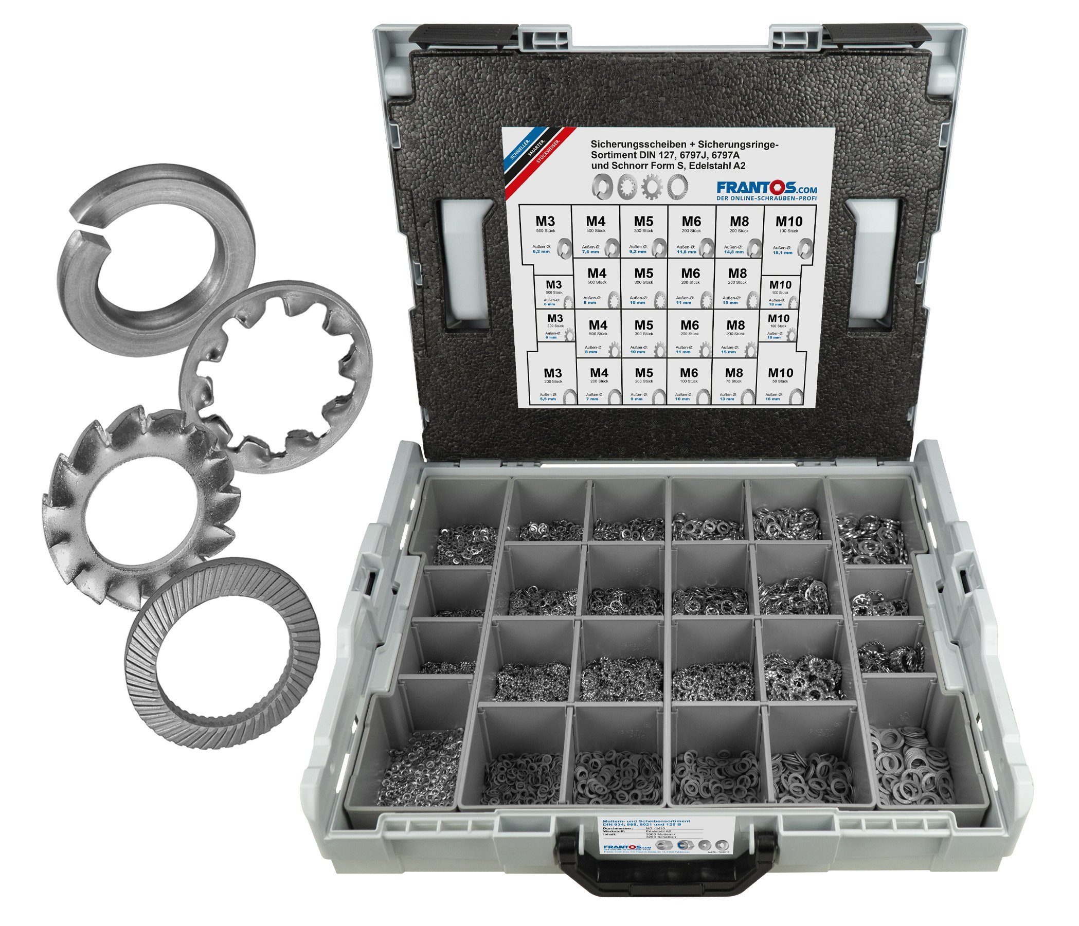 FRANTOS Unterlegscheibe Sicherungsscheiben und Sicherungsringe Sortiment in L-Boxx, M3 bis M10, Edelstahl A2 / Stahl 8.8 verzinkt, Sortimentskoffer 6225tlg.