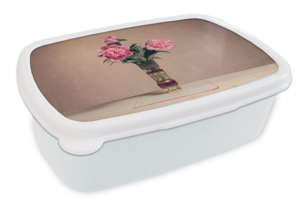 MuchoWow Lunchbox Retro - Pfingstrosen - Stilleben, Kunststoff, (2-tlg), Brotbox für Kinder und Erwachsene, Brotdose, für Jungs und Mädchen weiß