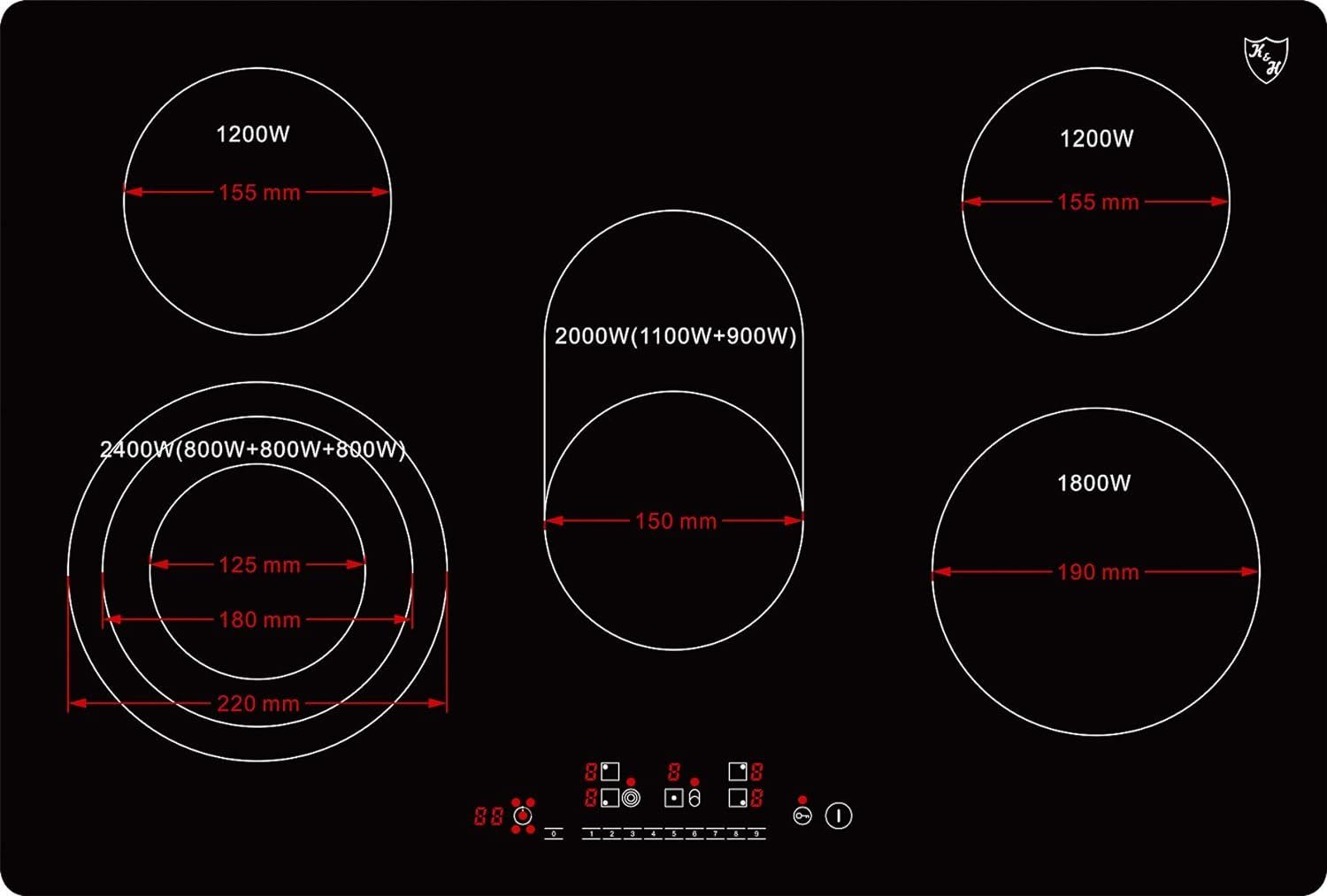 K&H Elektro-Kochfeld K&H 5 Zonen Glaskeramikkochfeld 77cm Elektro Autark Eingebaut NC-8608, Einbaufähig und Autark