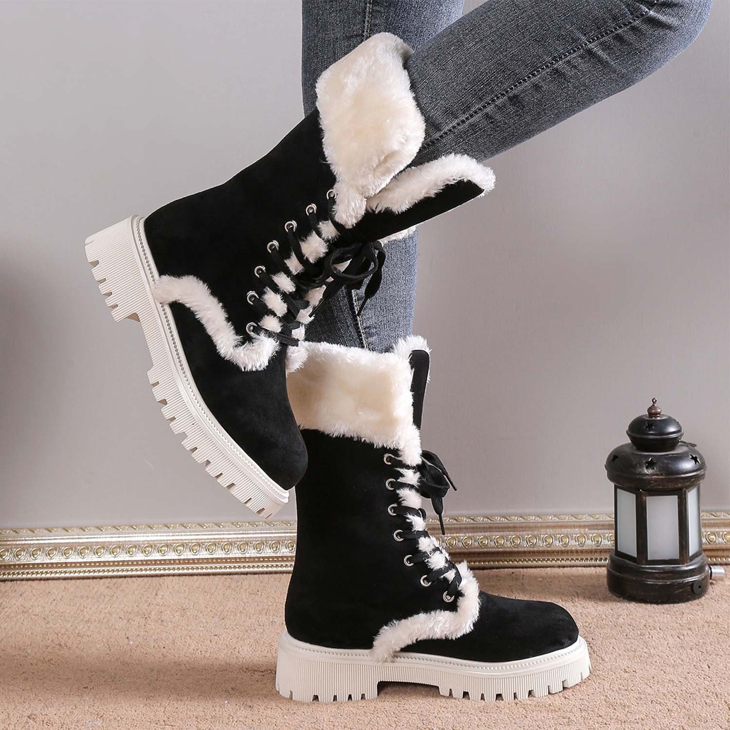 Daisred Winterstiefel Stiefelette Gefüttert Schneestiefel Damen Schnürstiefel Schwarz